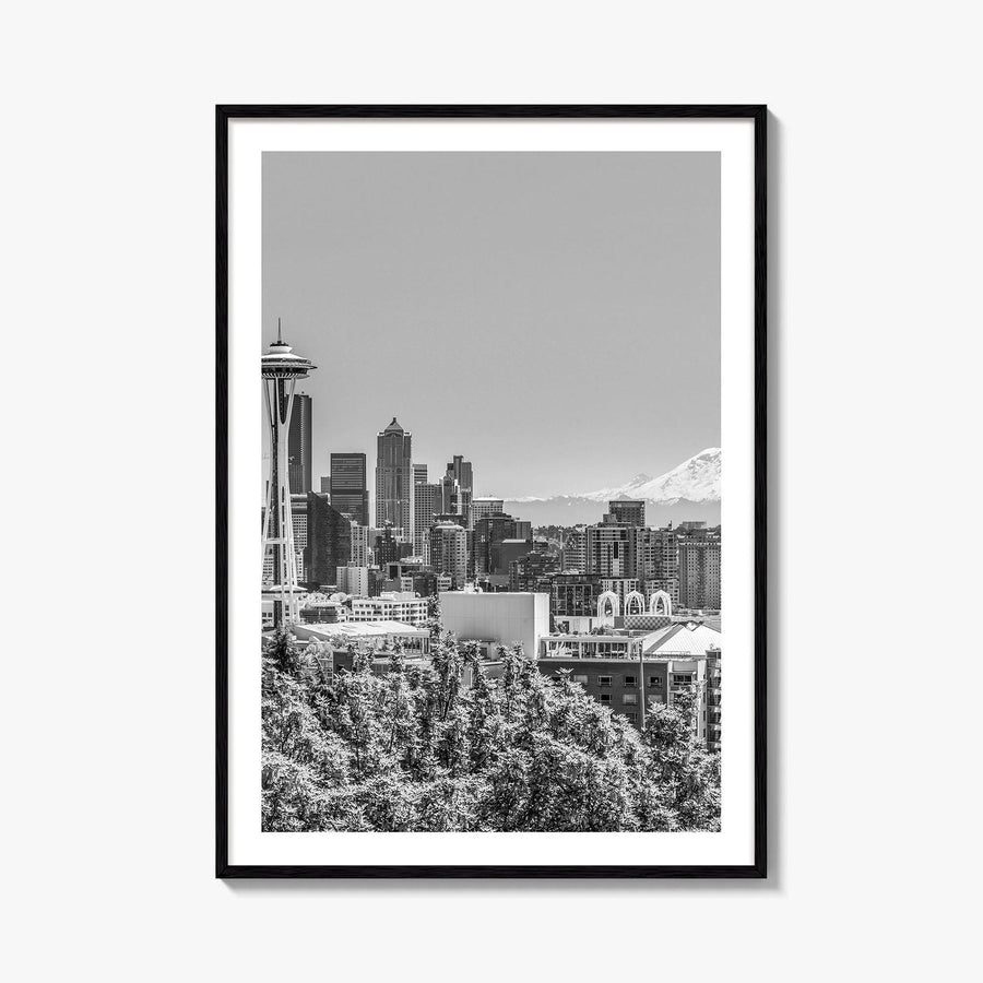 Seattle Skyline Black and White Fine Art Photo Print, Mount Rainier Washington Poster
