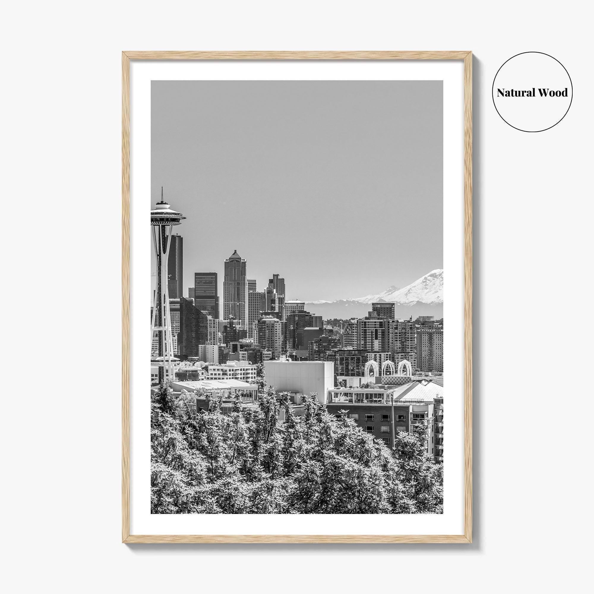 Seattle Skyline Black and White Fine Art Photo Print, Mount Rainier Washington Poster