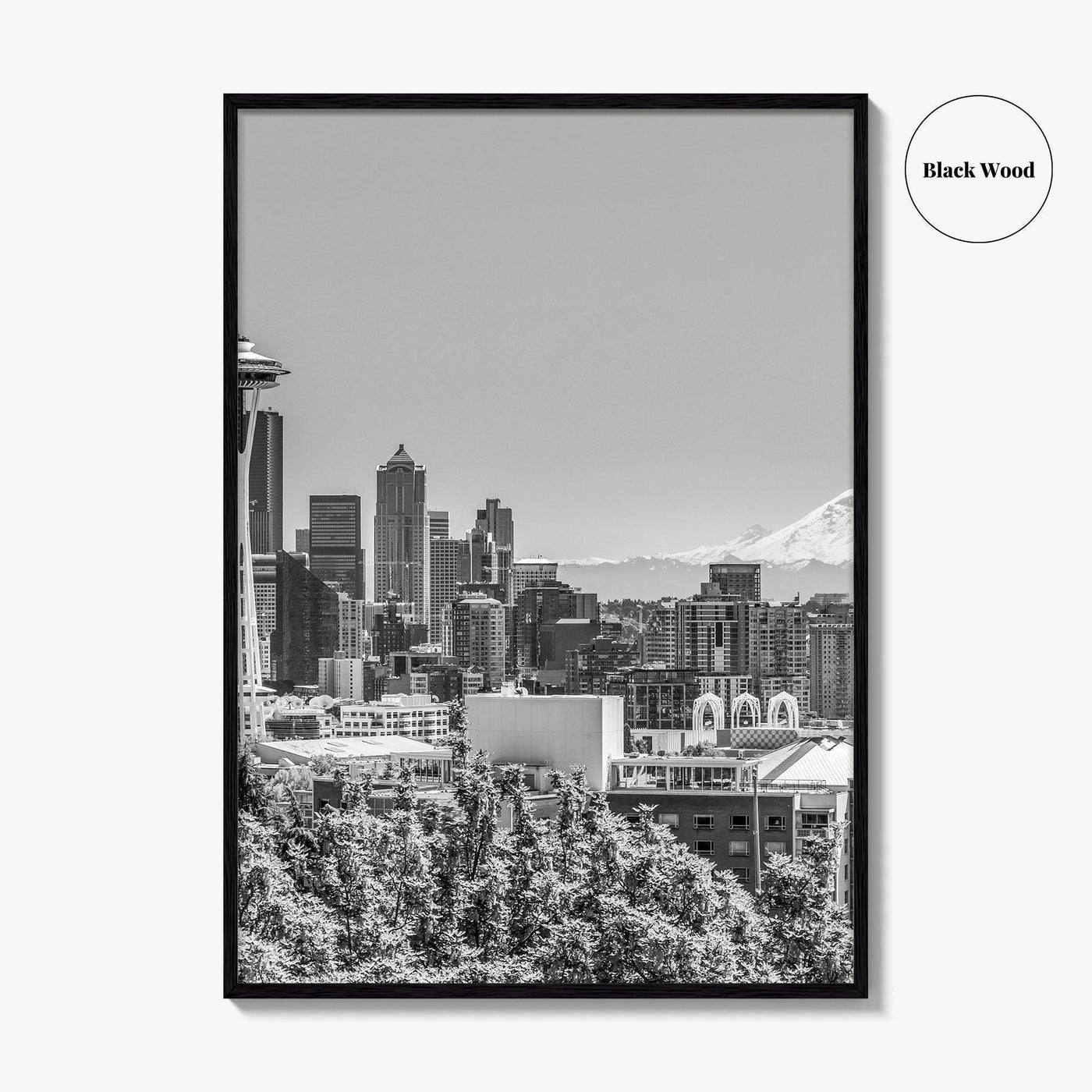 Seattle Skyline Black and White Fine Art Photo Print, Mount Rainier Washington Poster