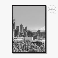 Seattle Skyline Black and White Fine Art Photo Print, Mount Rainier Washington Poster