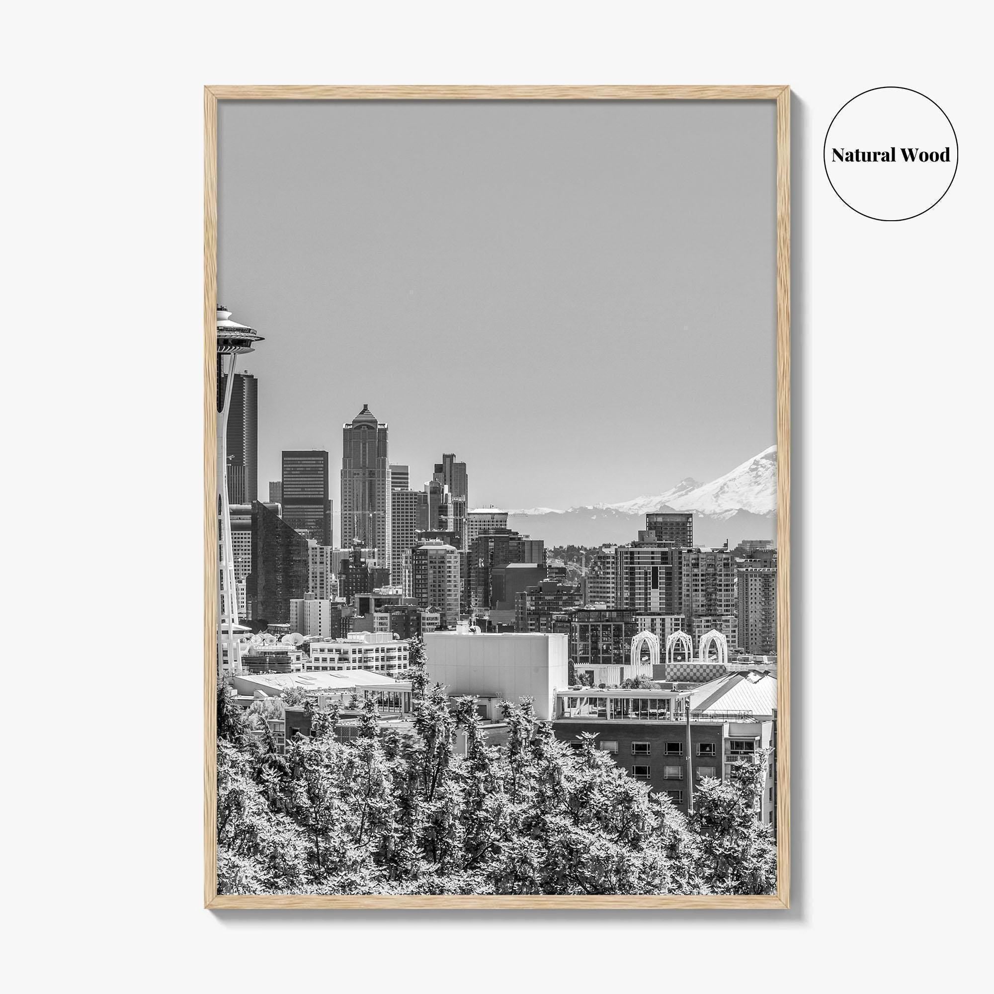 Seattle Skyline Black and White Fine Art Photo Print, Mount Rainier Washington Poster