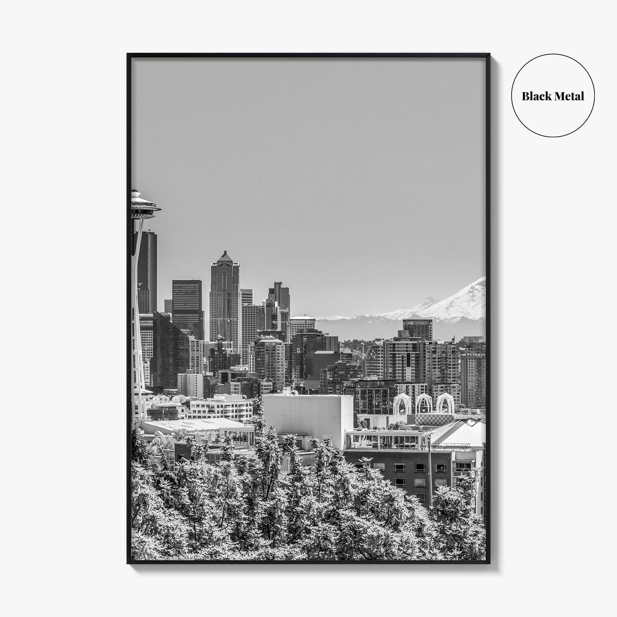 Seattle Skyline Black and White Fine Art Photo Print, Mount Rainier Washington Poster