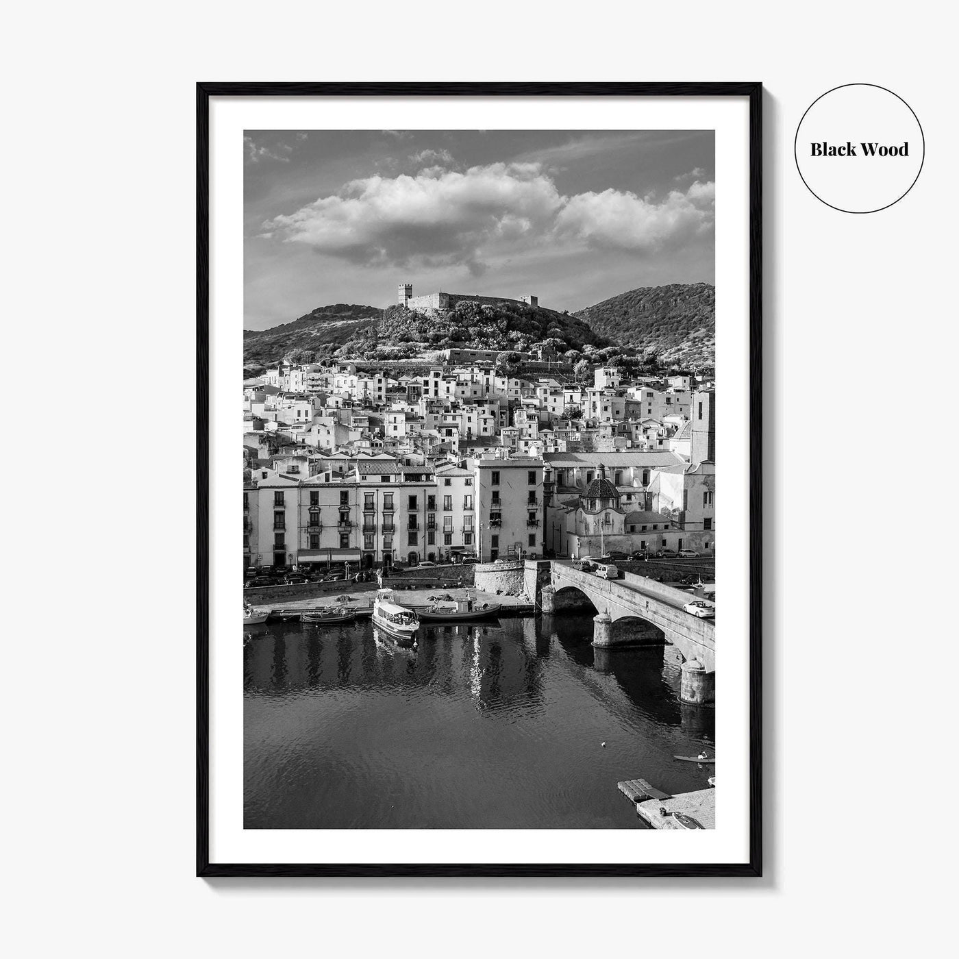 Bosa Black and White Fine Art Photo Print, Sardinia Italy, Sardegna, Aerial View, Poster