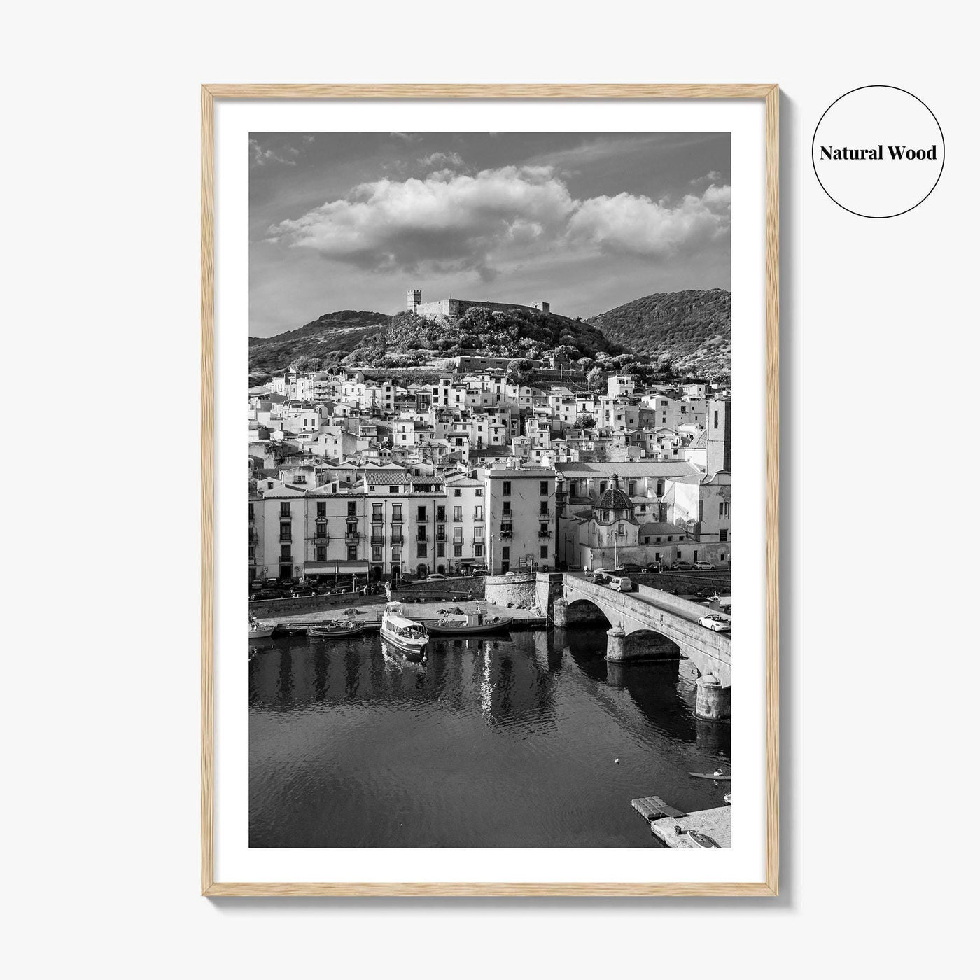 Bosa Black and White Fine Art Photo Print, Sardinia Italy, Sardegna, Aerial View, Poster