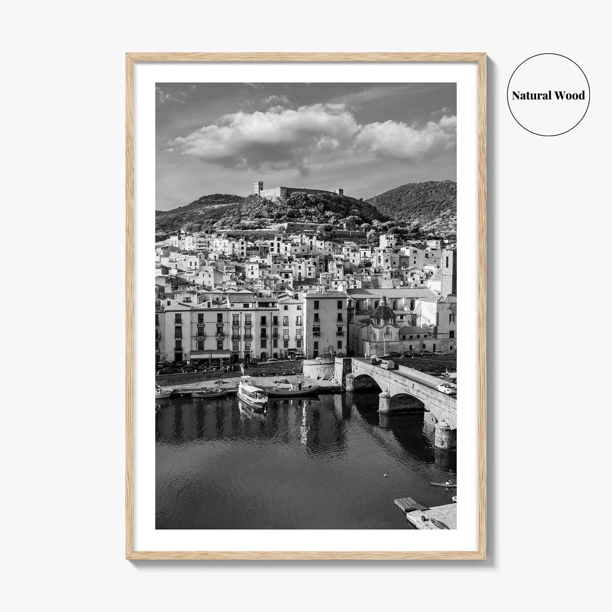 Bosa Black and White Fine Art Photo Print, Sardinia Italy, Sardegna, Aerial View, Poster