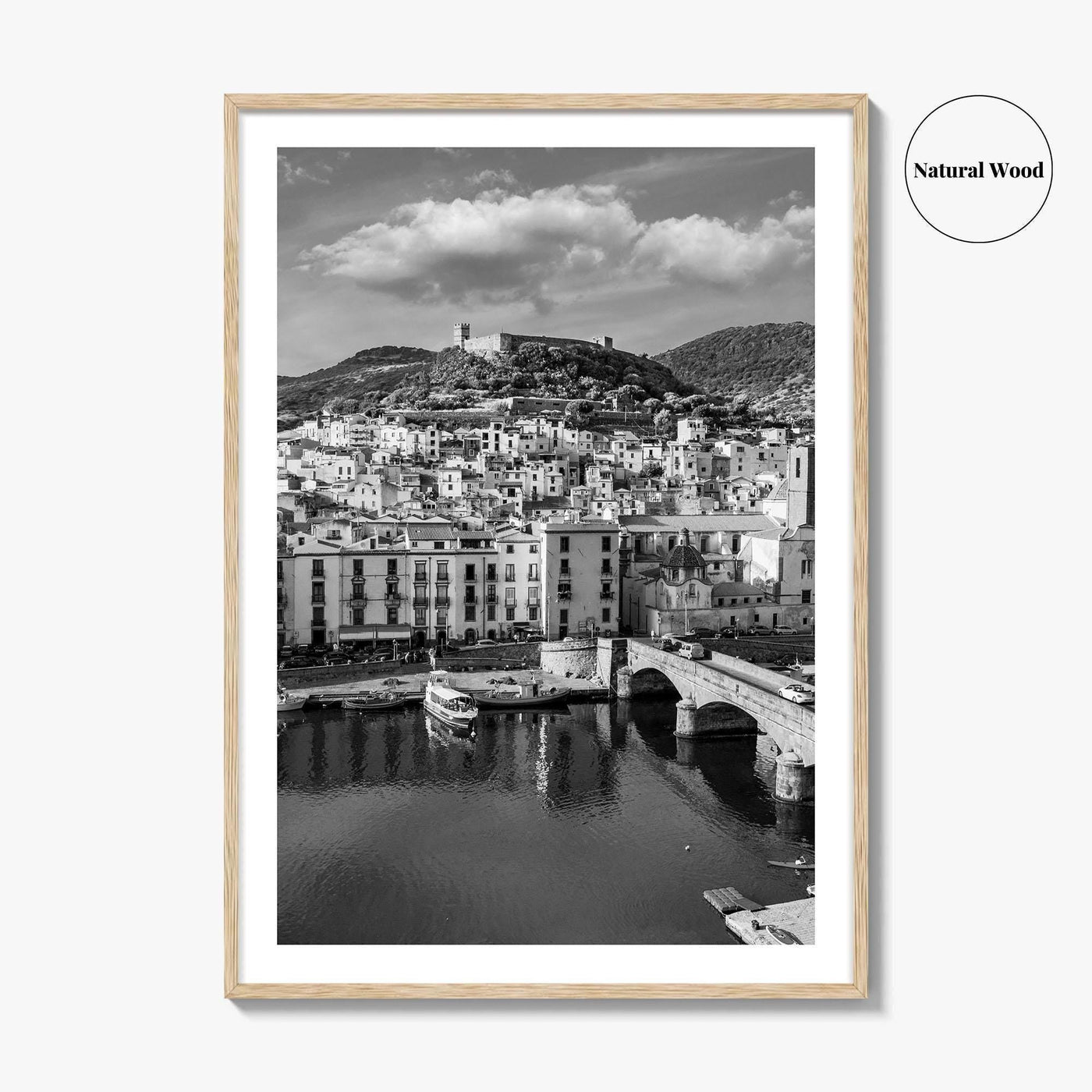 Bosa Black and White Fine Art Photo Print, Sardinia Italy, Sardegna, Aerial View, Poster