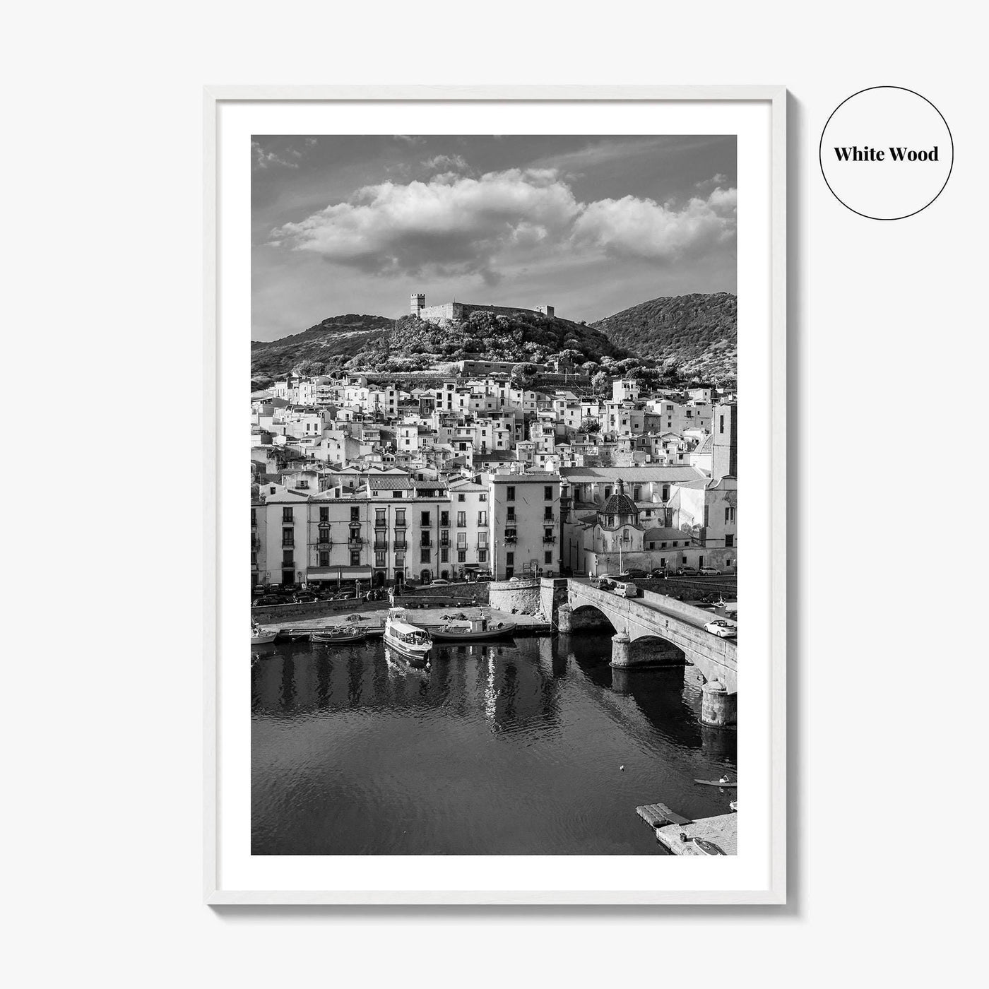 Bosa Black and White Fine Art Photo Print, Sardinia Italy, Sardegna, Aerial View, Poster