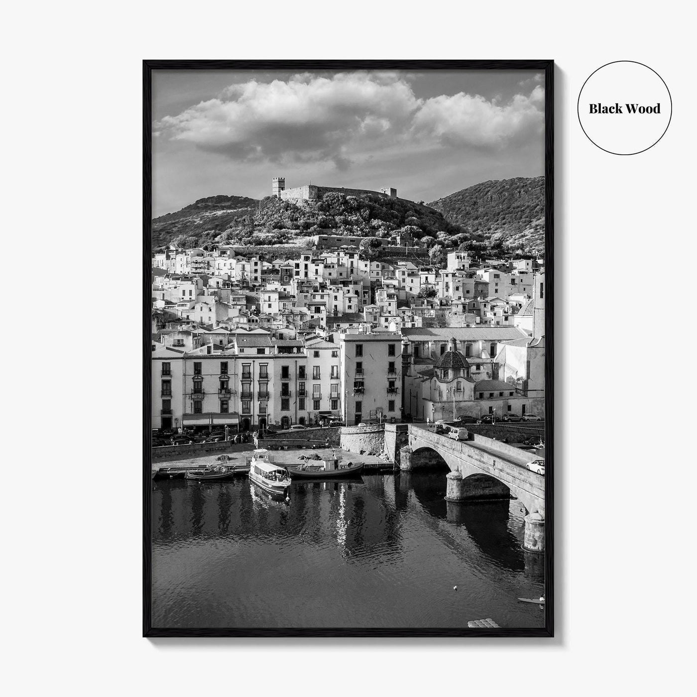 Bosa Black and White Fine Art Photo Print, Sardinia Italy, Sardegna, Aerial View, Poster