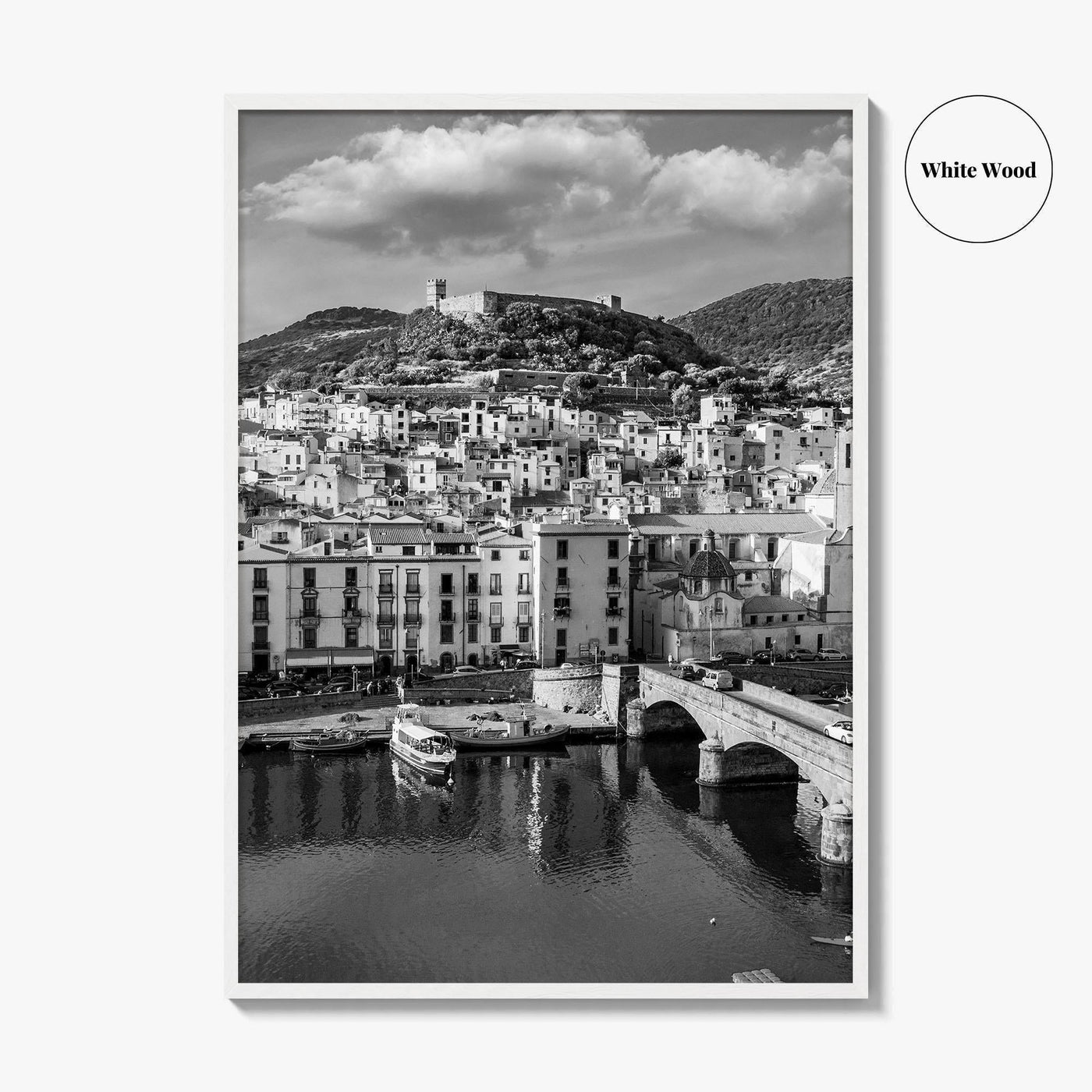 Bosa Black and White Fine Art Photo Print, Sardinia Italy, Sardegna, Aerial View, Poster