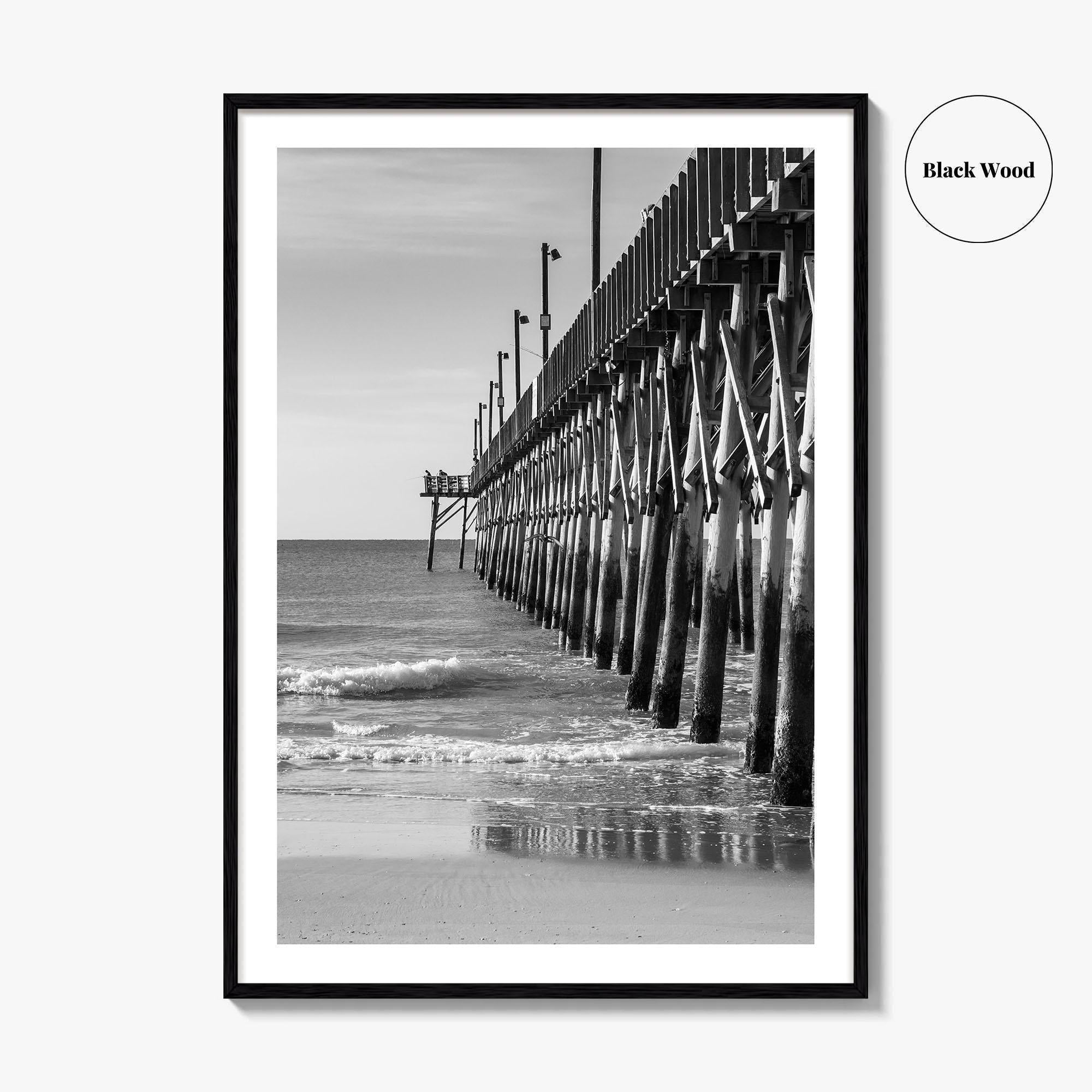 Surf City Black and White Fine Art Photo Print, Ocean Pier, USA Wall Poster