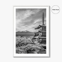 Fujiyoshida Black and White Fine Art Photo Print, Mount Fuji, Chureito Pagoda Poster