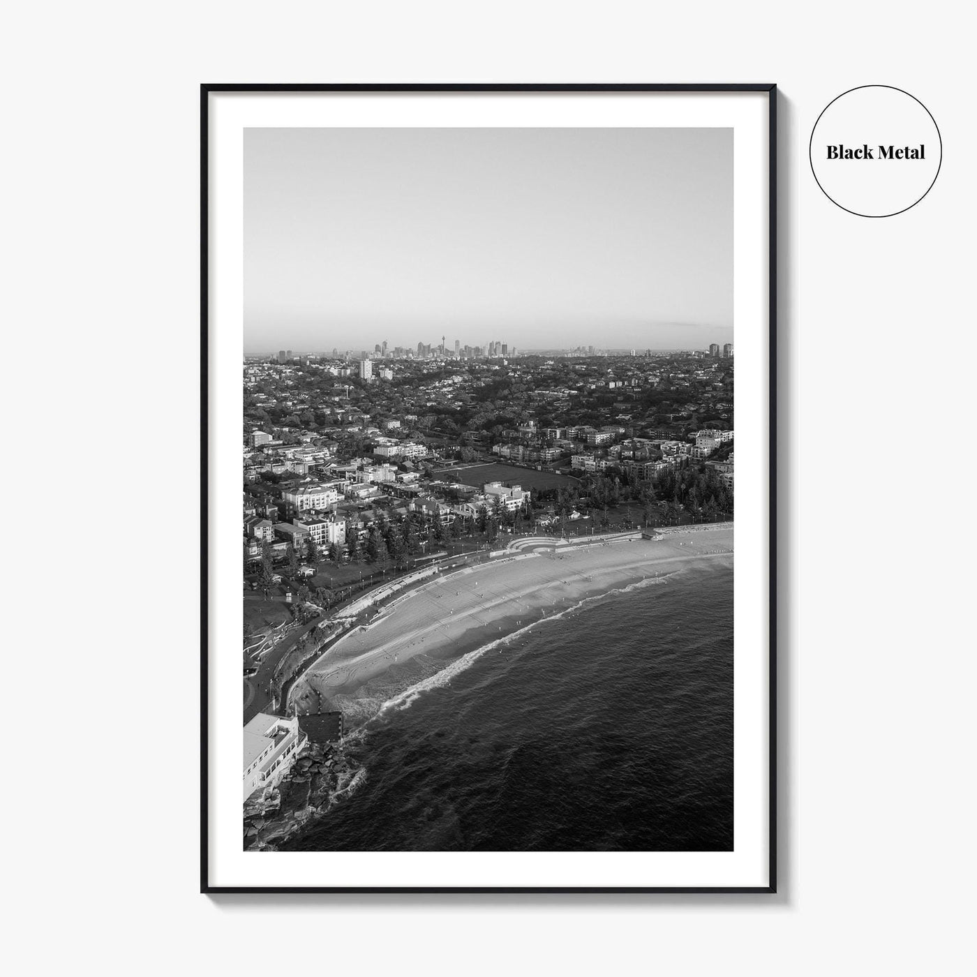 Coogee Beach Skyline Black and White Fine Art Photo Print, Sydney, Aerial View, NSW