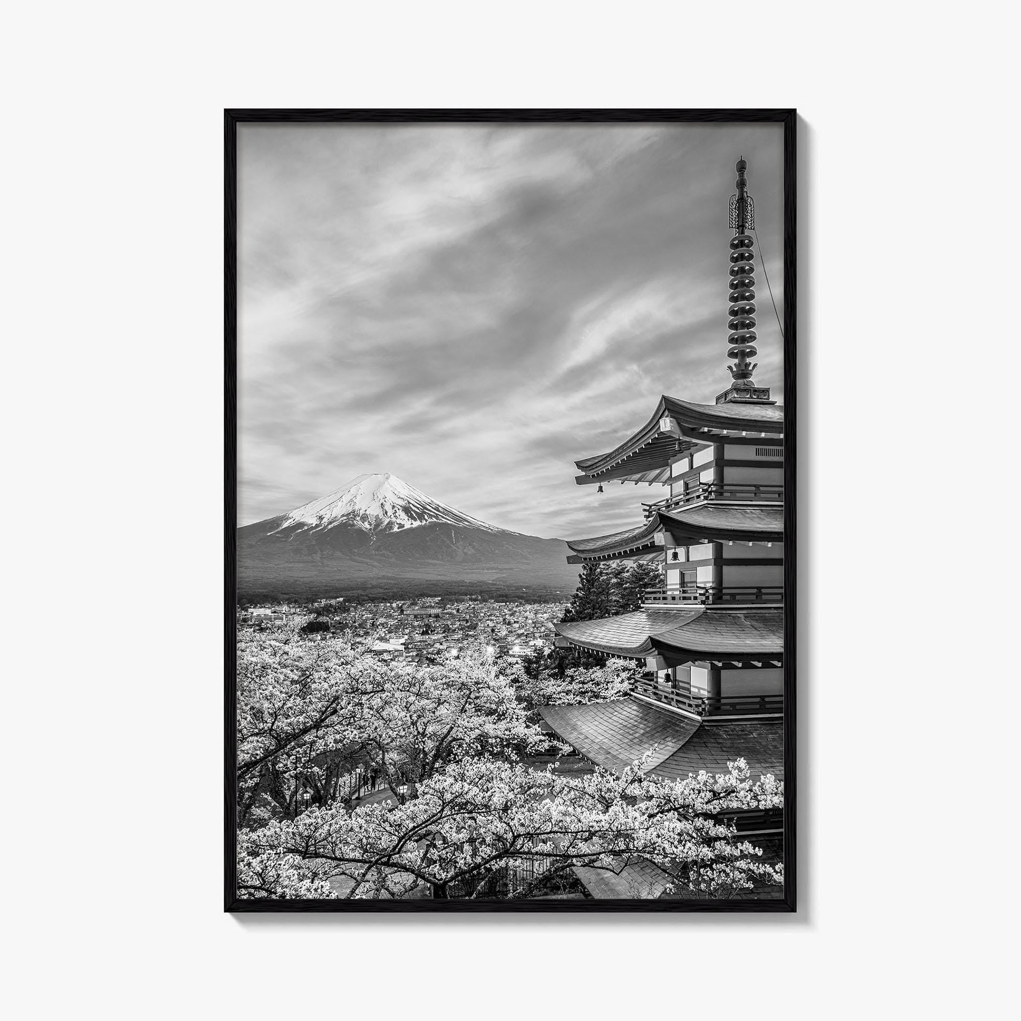 Fujiyoshida Black and White Fine Art Photo Print, Mount Fuji, Chureito Pagoda Poster