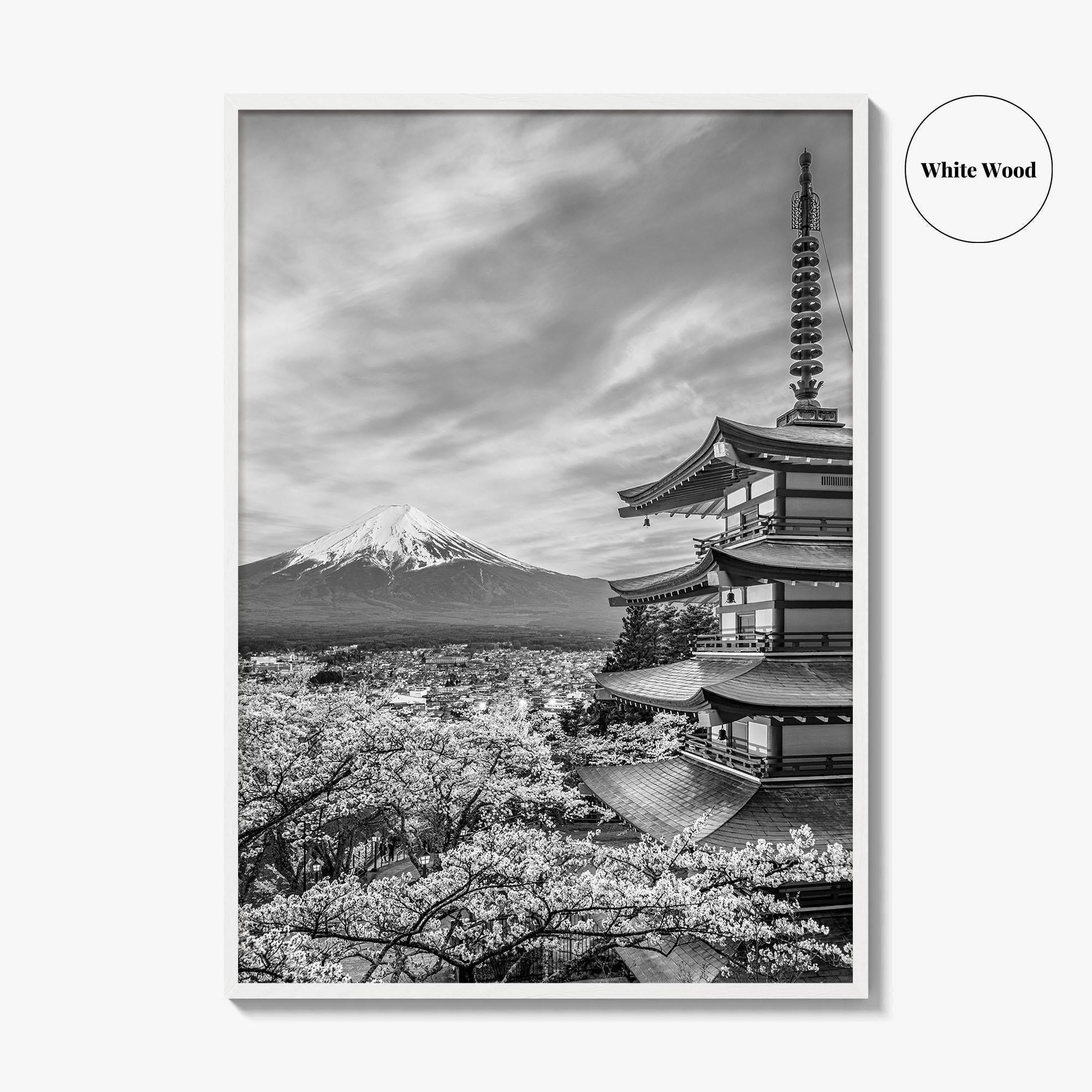 Fujiyoshida Black and White Fine Art Photo Print, Mount Fuji, Chureito Pagoda Poster