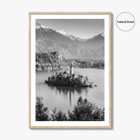 Lake Bled Black and White Fine Art Photo Print, Slovenia Wall Poster, Julian Alps