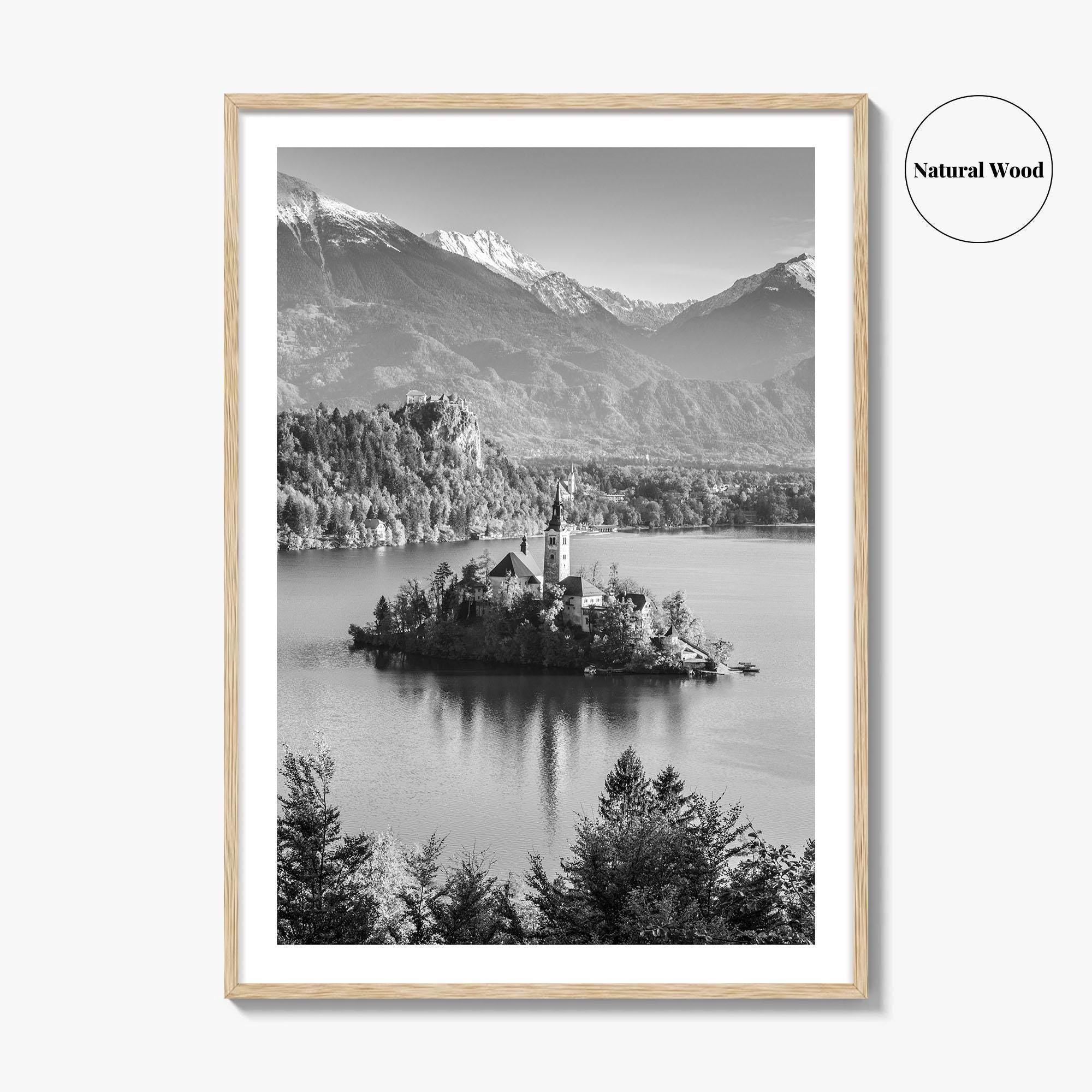 Lake Bled Black and White Fine Art Photo Print, Slovenia Wall Poster, Julian Alps