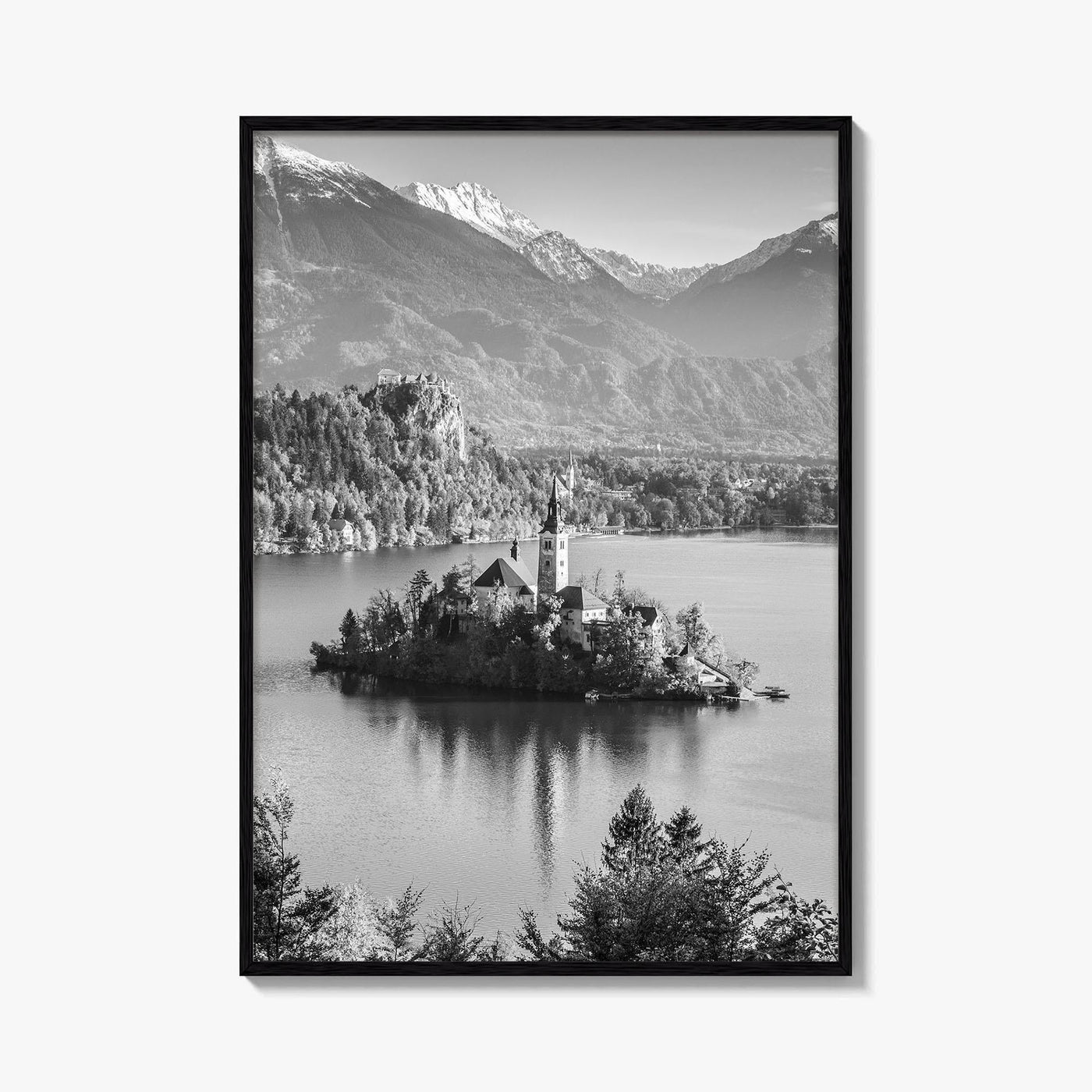 Lake Bled Black and White Fine Art Photo Print, Slovenia Wall Poster, Julian Alps