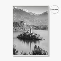 Lake Bled Black and White Fine Art Photo Print, Slovenia Wall Poster, Julian Alps