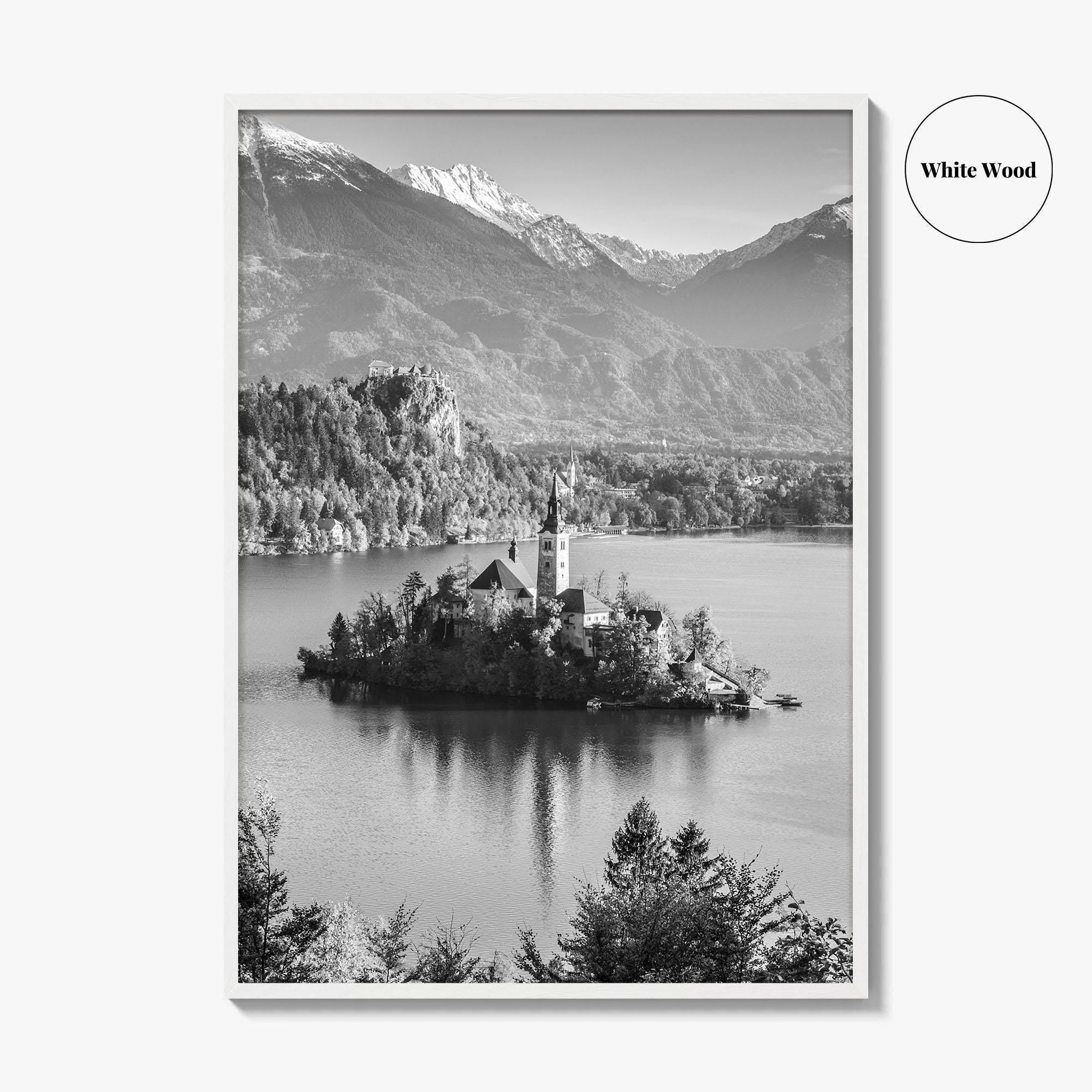 Lake Bled Black and White Fine Art Photo Print, Slovenia Wall Poster, Julian Alps
