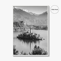 Lake Bled Black and White Fine Art Photo Print, Slovenia Wall Poster, Julian Alps