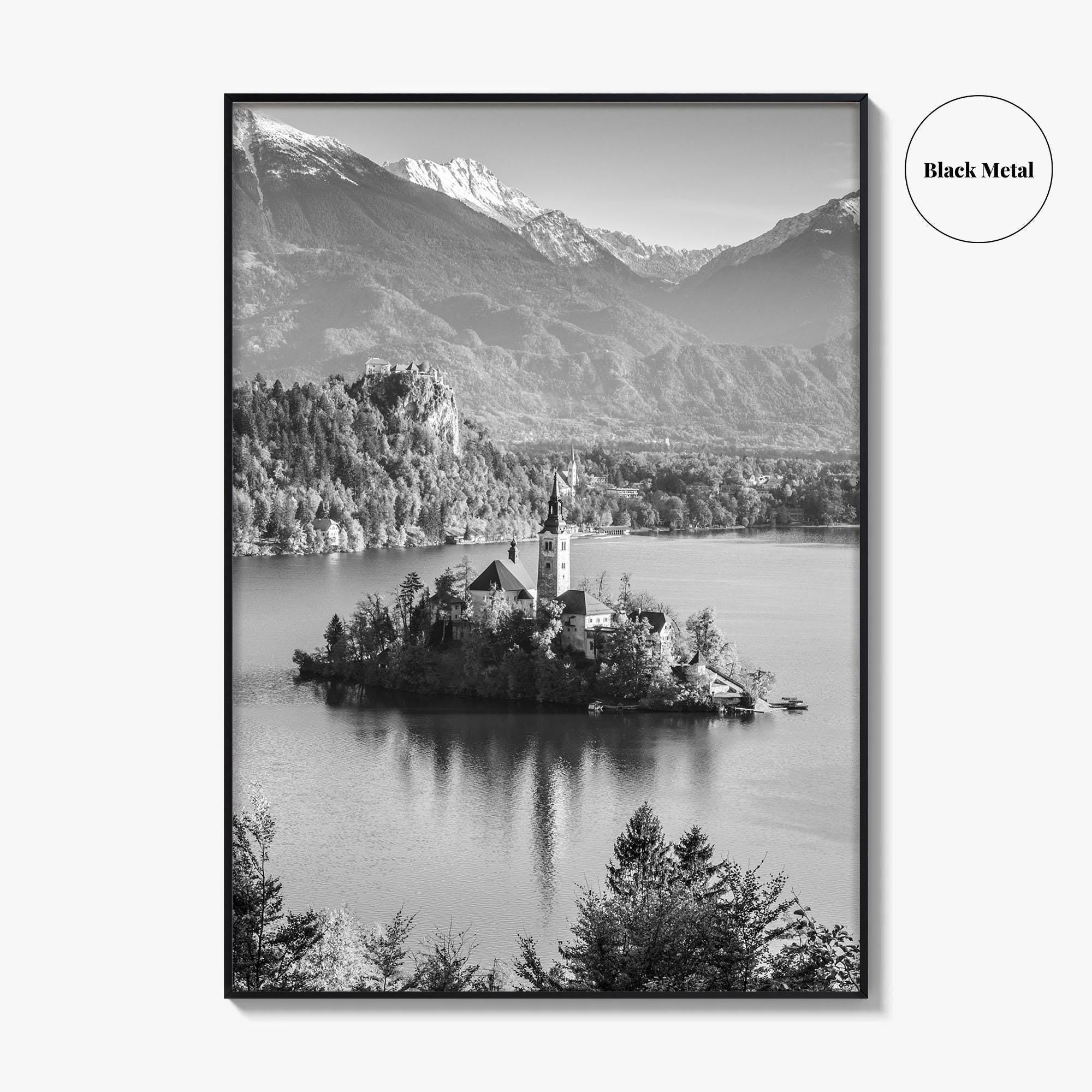 Lake Bled Black and White Fine Art Photo Print, Slovenia Wall Poster, Julian Alps