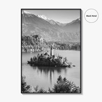 Lake Bled Black and White Fine Art Photo Print, Slovenia Wall Poster, Julian Alps