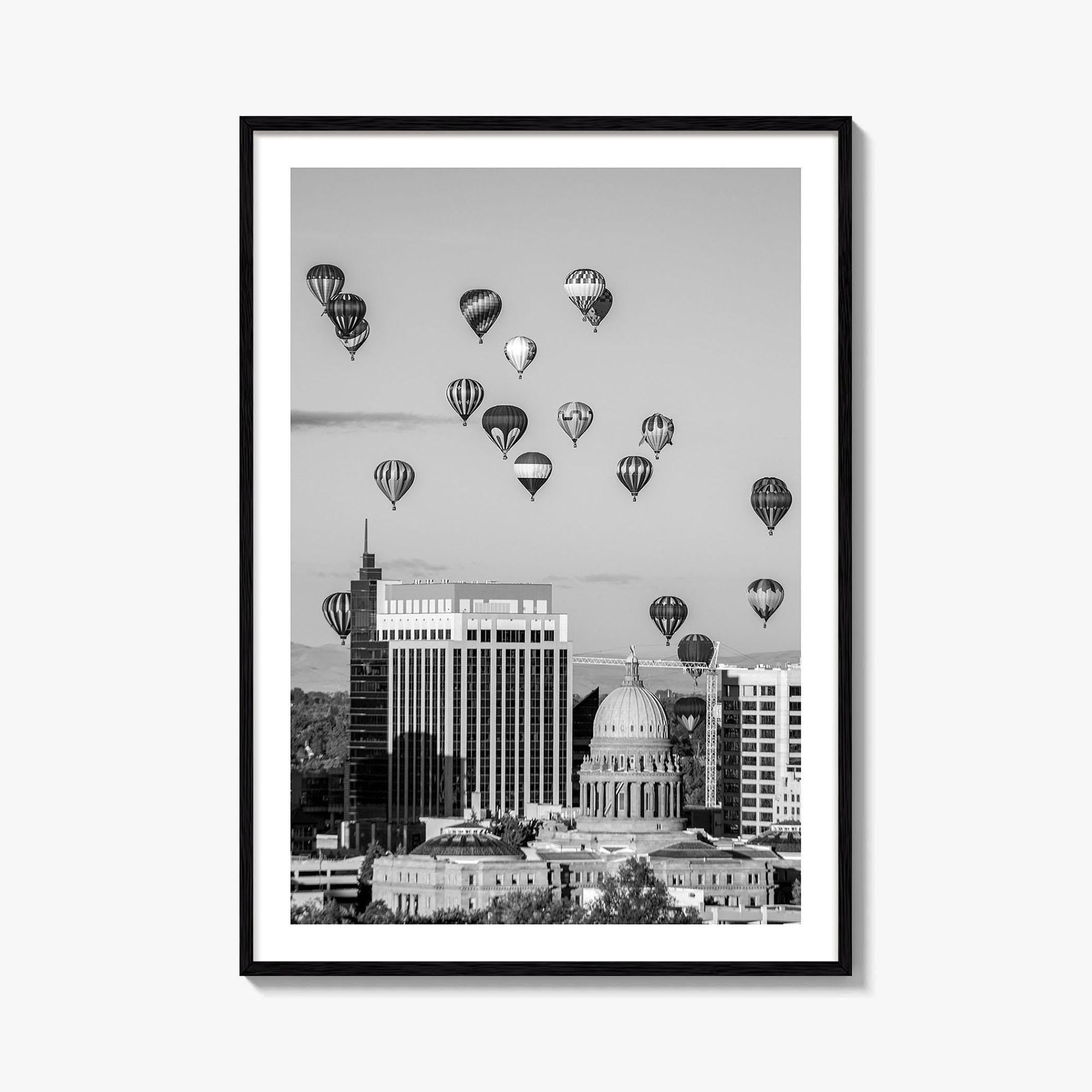 Boise Skyline Black and White Fine Art Photo Print, Idaho Capitol Balloons Poster