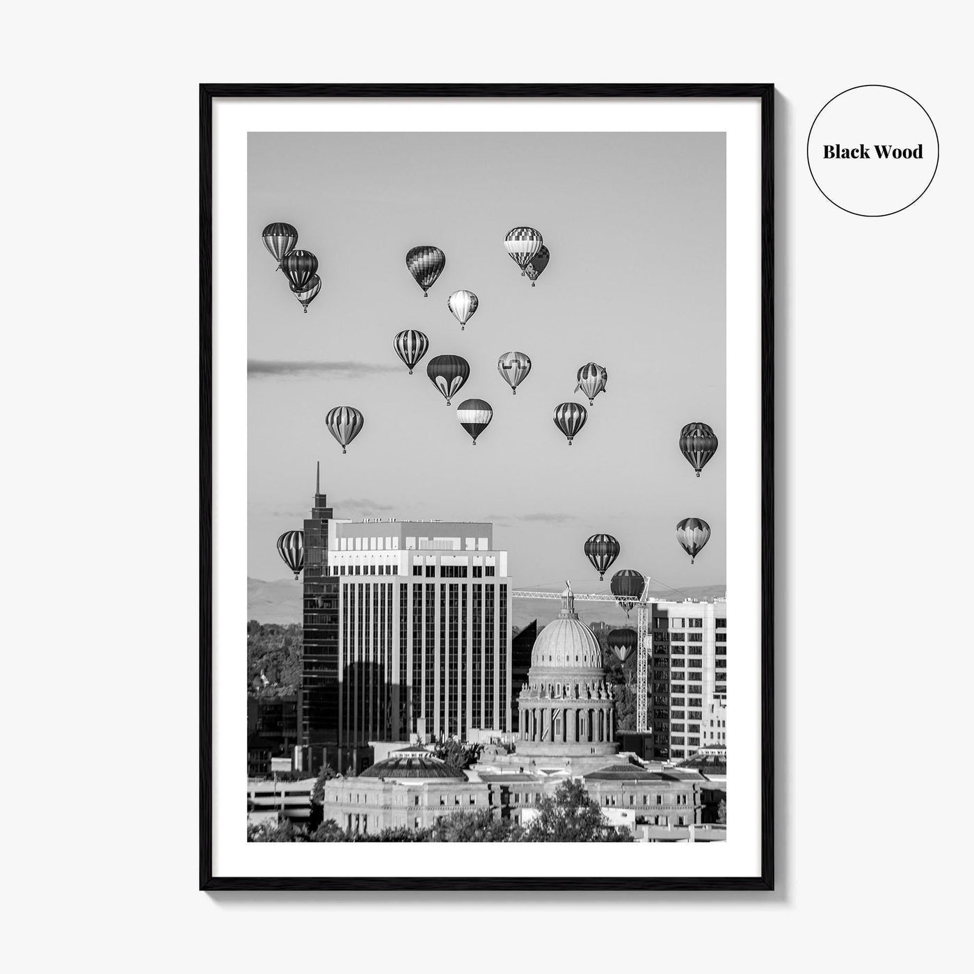 Boise Skyline Black and White Fine Art Photo Print, Idaho Capitol Balloons Poster