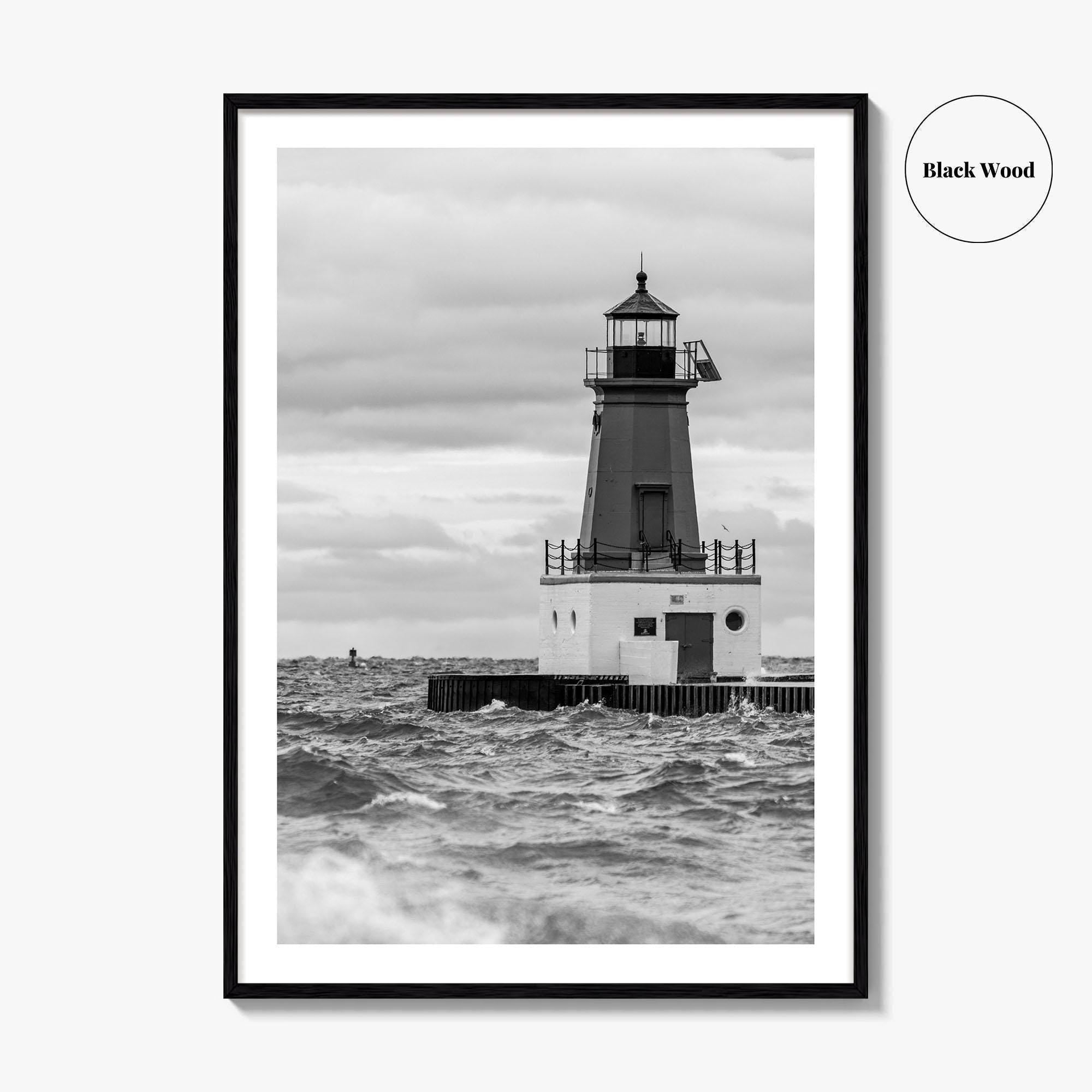Menominee Pierhead Lighthouse Black and White Fine Art Photo Print, Michigan, Ann Arbor Park