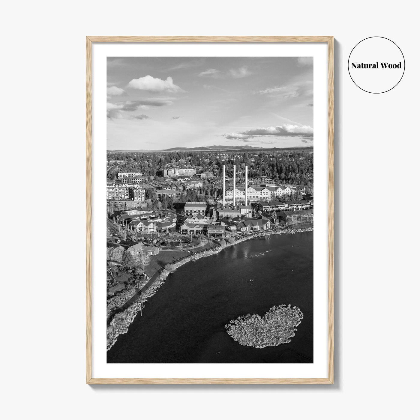Bend Black and White Fine Art Photo Print, Old Mill District Aerial, Oregon USA