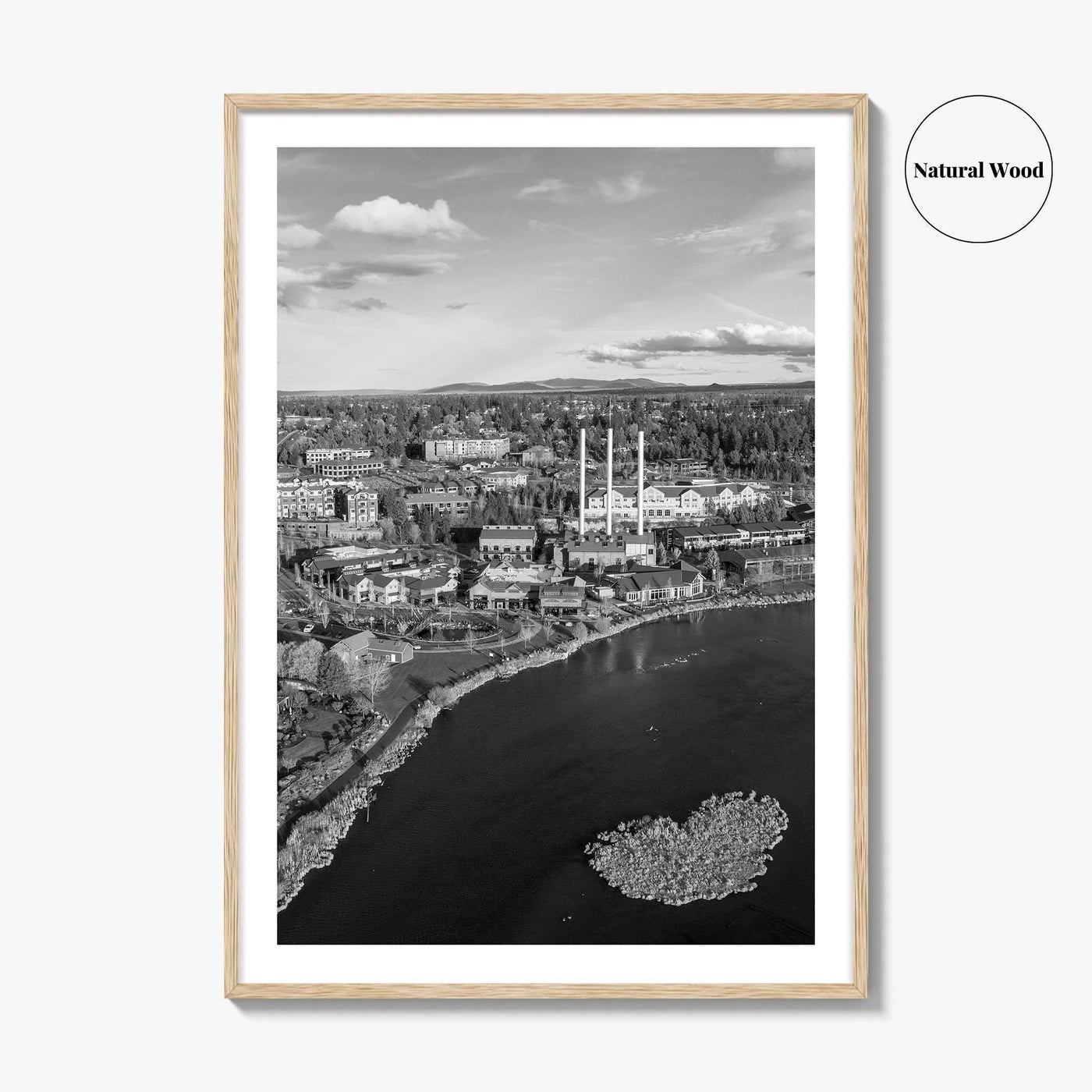 Bend Black and White Fine Art Photo Print, Old Mill District Aerial, Oregon USA
