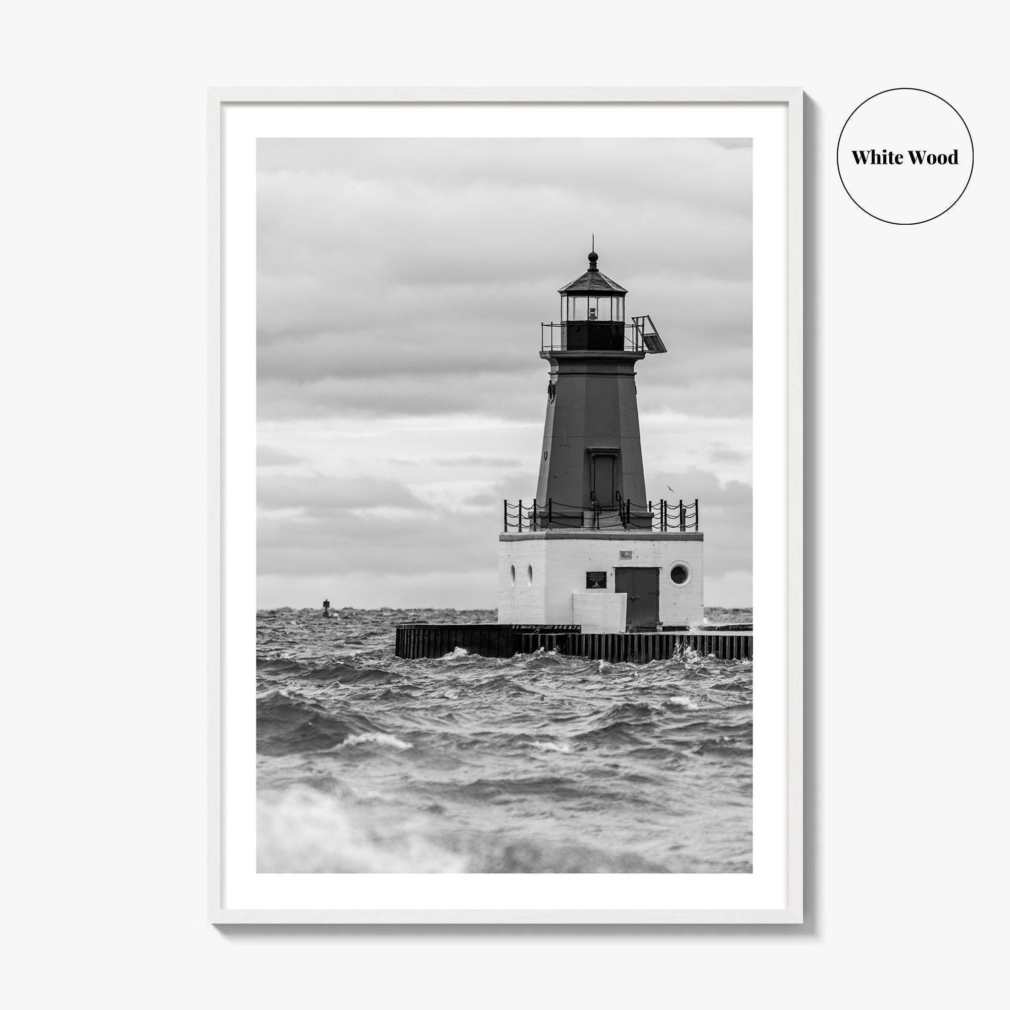 Menominee Pierhead Lighthouse Black and White Fine Art Photo Print, Michigan, Ann Arbor Park