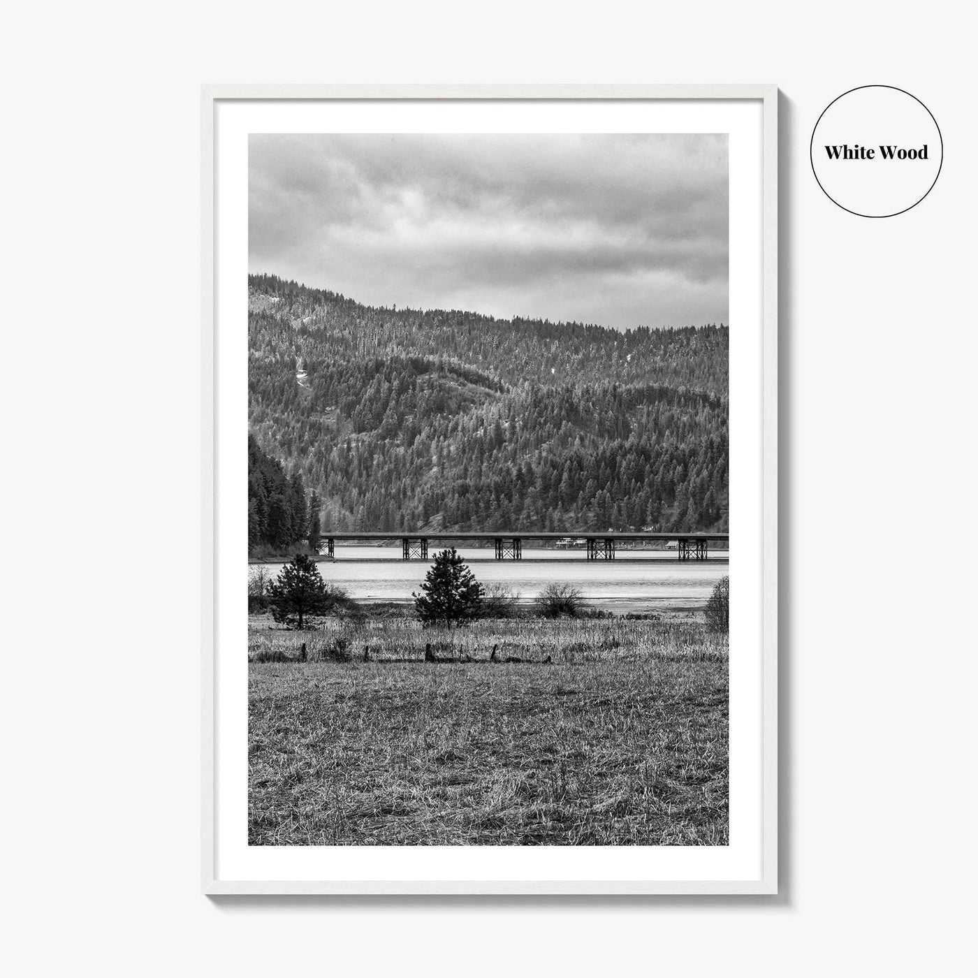 Coeur d'Alene Black and White Fine Art Photo Print, Idaho, Bay Bridge Mountains, USA