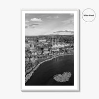 Bend Black and White Fine Art Photo Print, Old Mill District Aerial, Oregon USA