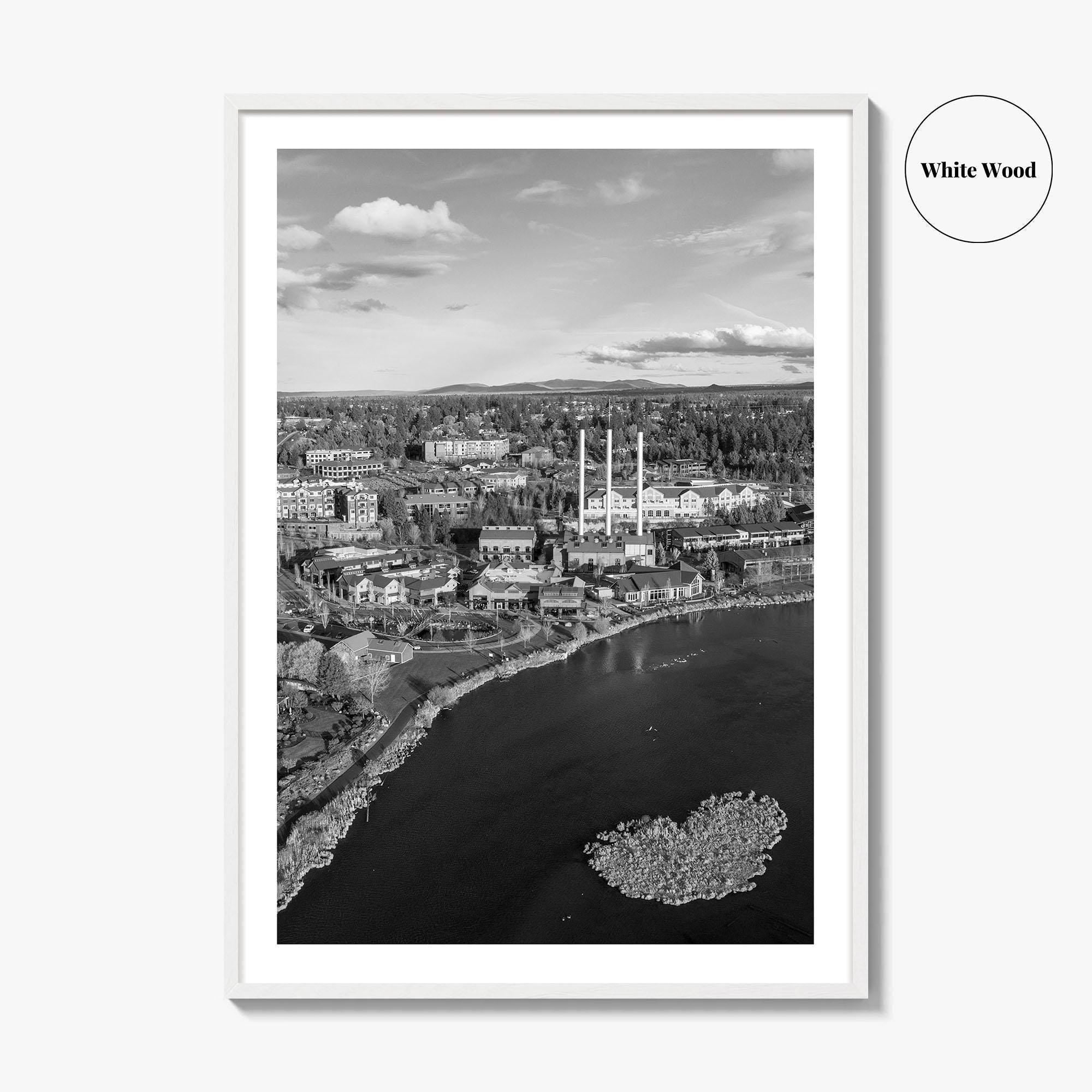 Bend Black and White Fine Art Photo Print, Old Mill District Aerial, Oregon USA