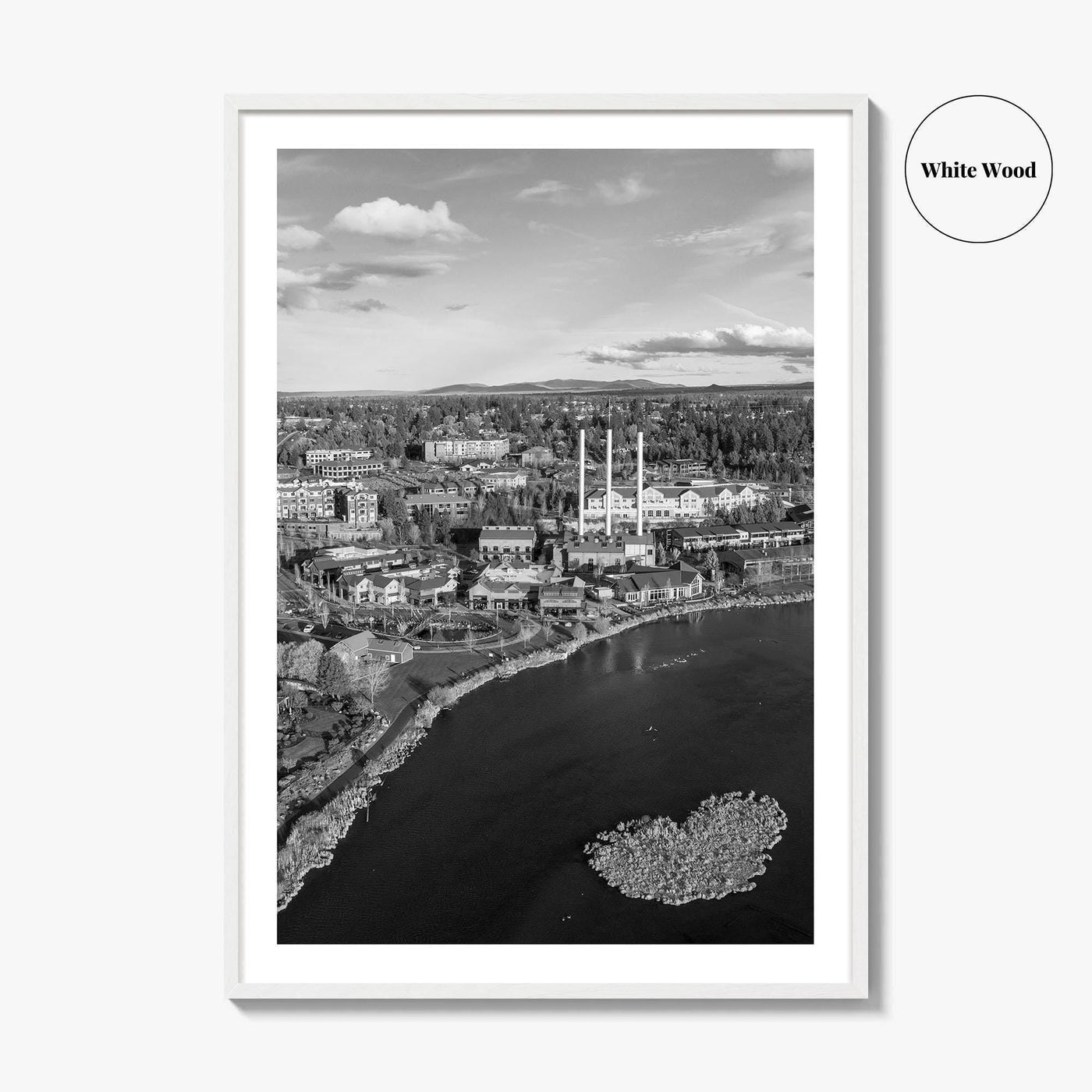 Bend Black and White Fine Art Photo Print, Old Mill District Aerial, Oregon USA