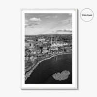 Bend Black and White Fine Art Photo Print, Old Mill District Aerial, Oregon USA