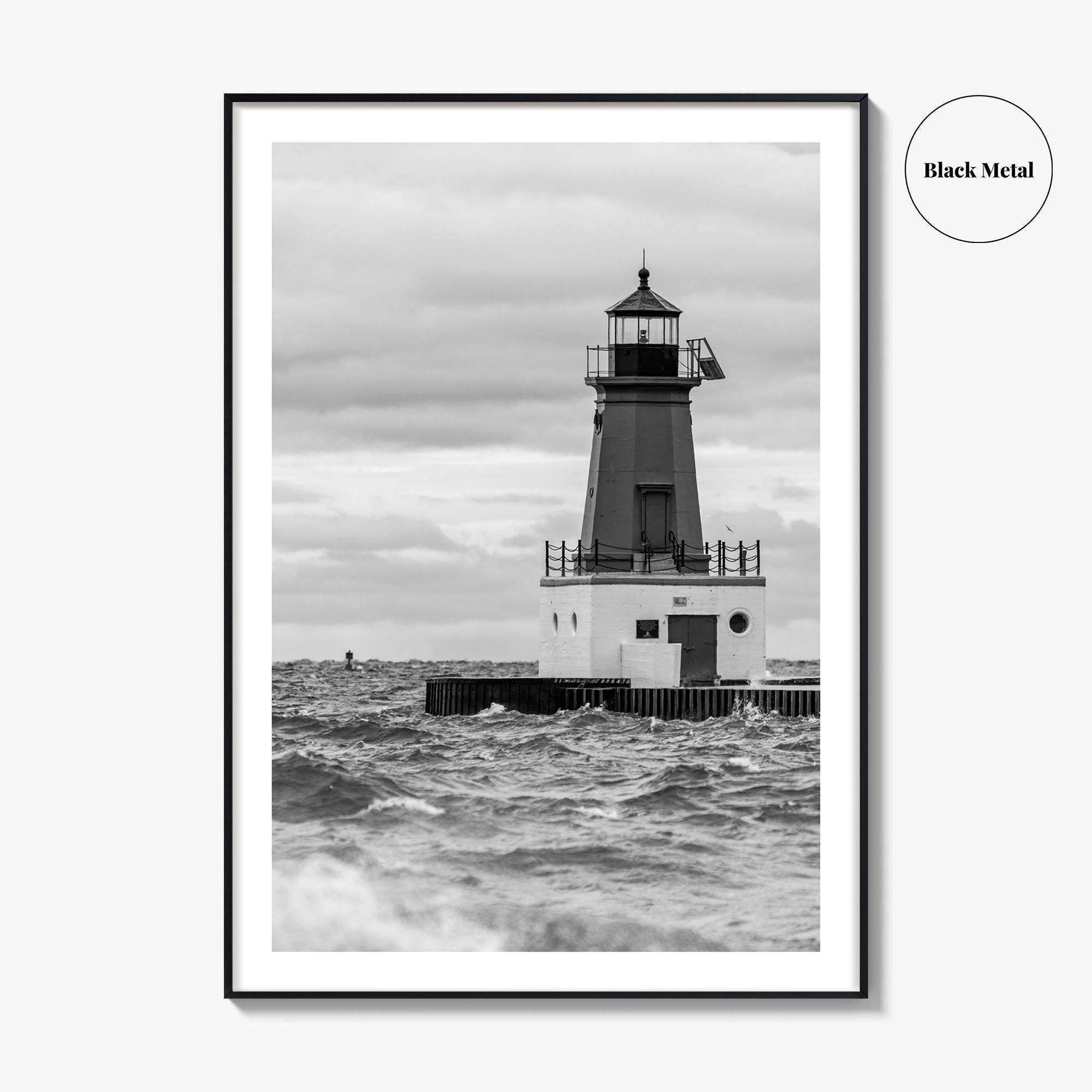 Menominee Pierhead Lighthouse Black and White Fine Art Photo Print, Michigan, Ann Arbor Park