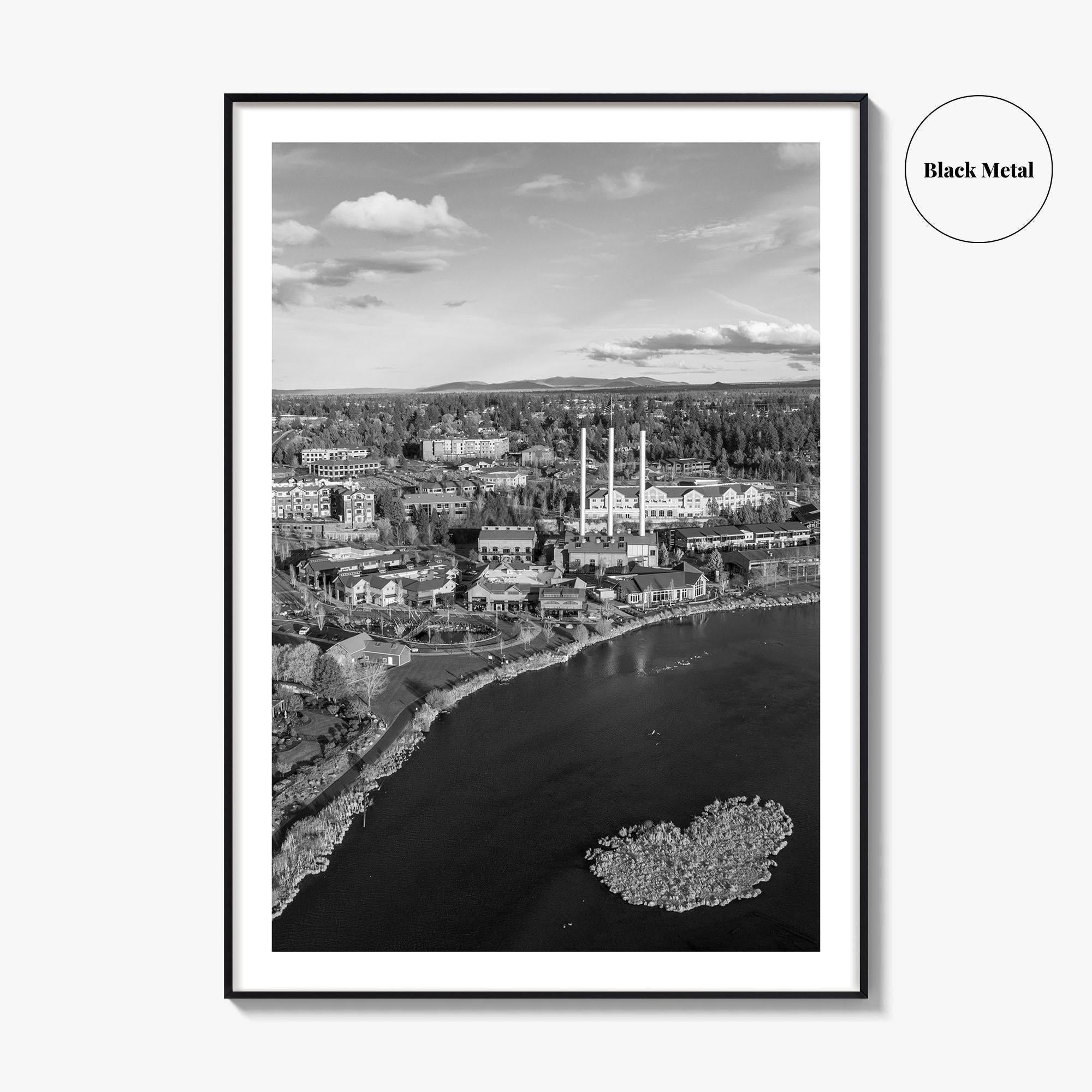 Bend Black and White Fine Art Photo Print, Old Mill District Aerial, Oregon USA