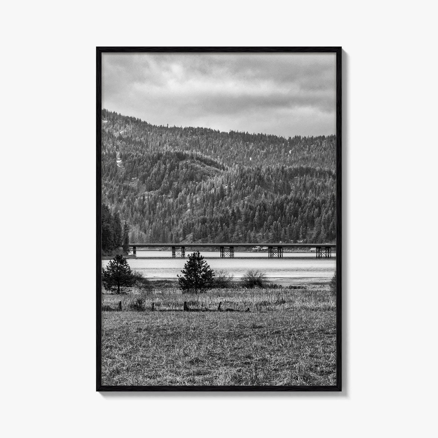 Coeur d'Alene Black and White Fine Art Photo Print, Idaho, Bay Bridge Mountains, USA