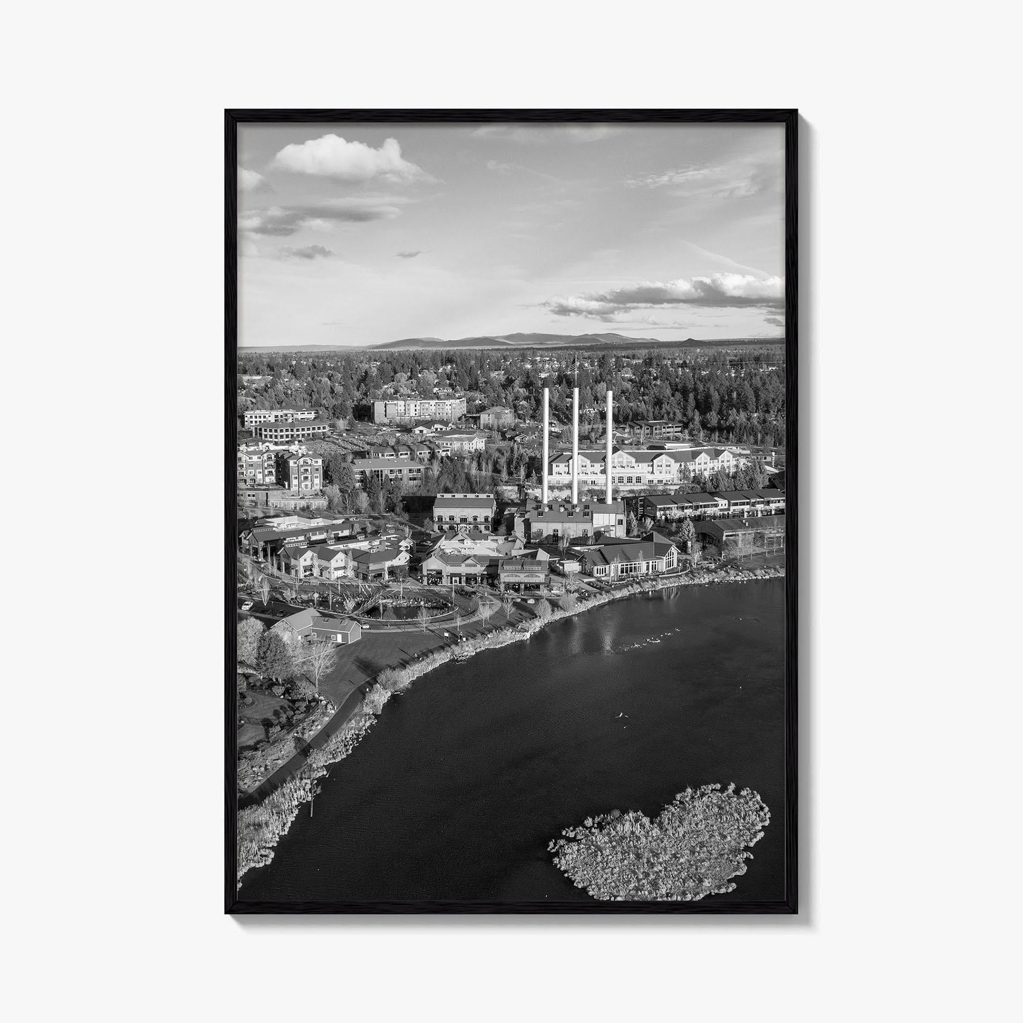 Bend Black and White Fine Art Photo Print, Old Mill District Aerial, Oregon USA