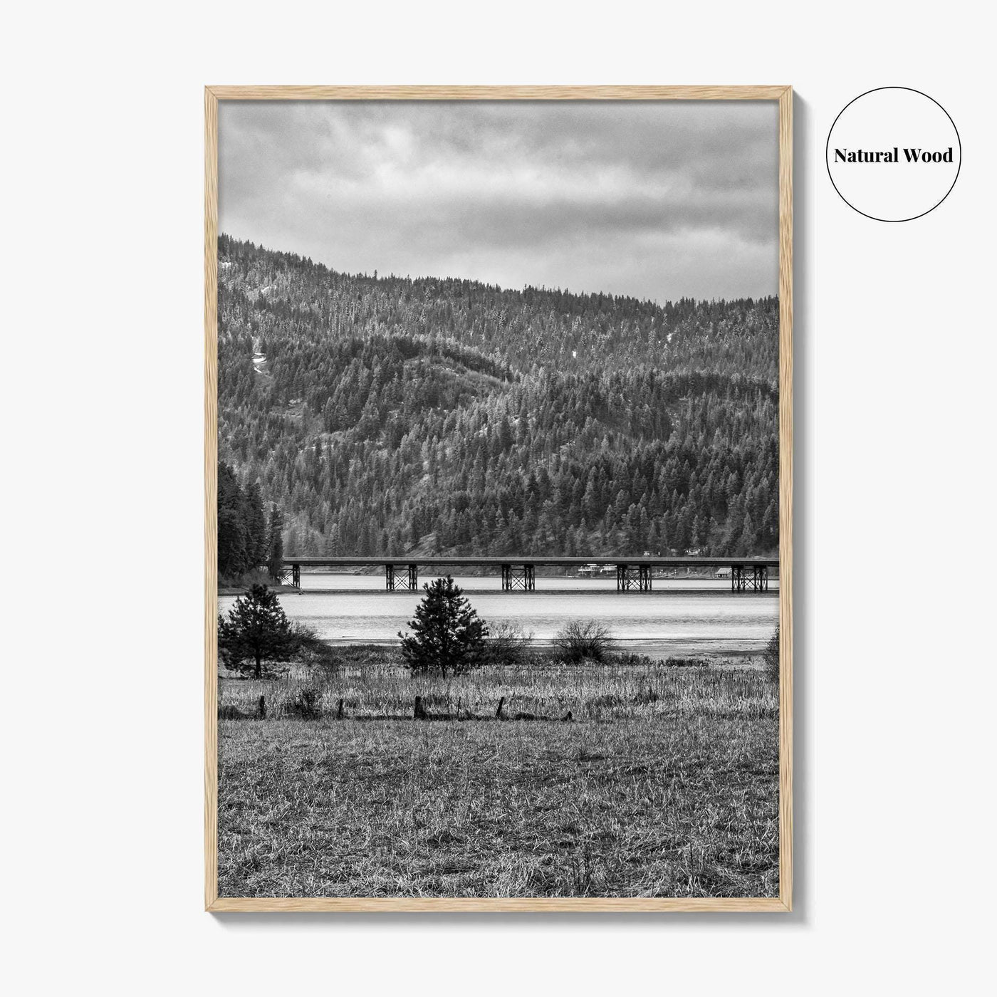 Coeur d'Alene Black and White Fine Art Photo Print, Idaho, Bay Bridge Mountains, USA