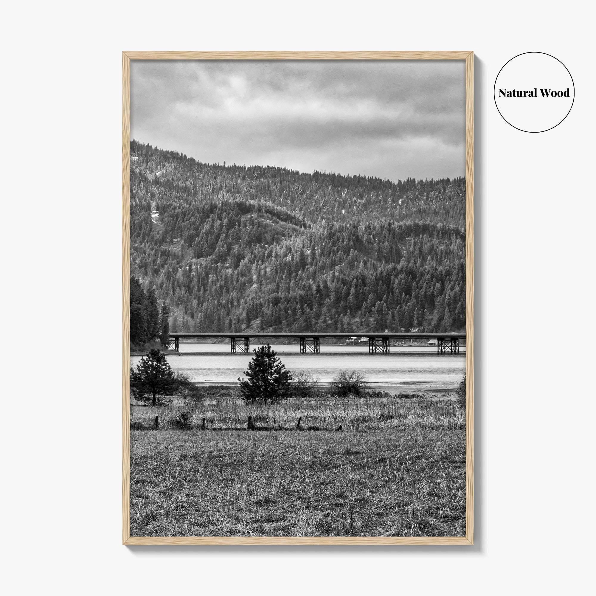 Coeur d'Alene Black and White Fine Art Photo Print, Idaho, Bay Bridge Mountains, USA