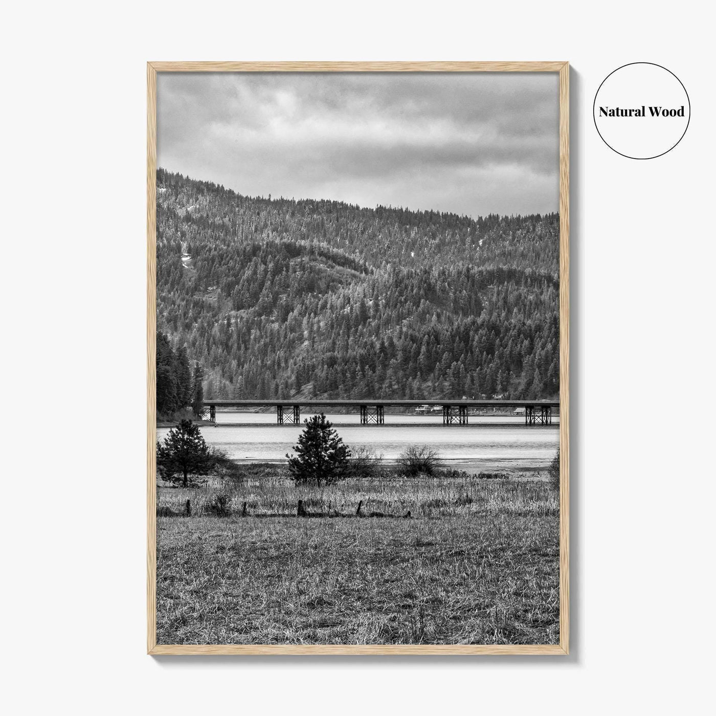 Coeur d'Alene Black and White Fine Art Photo Print, Idaho, Bay Bridge Mountains, USA