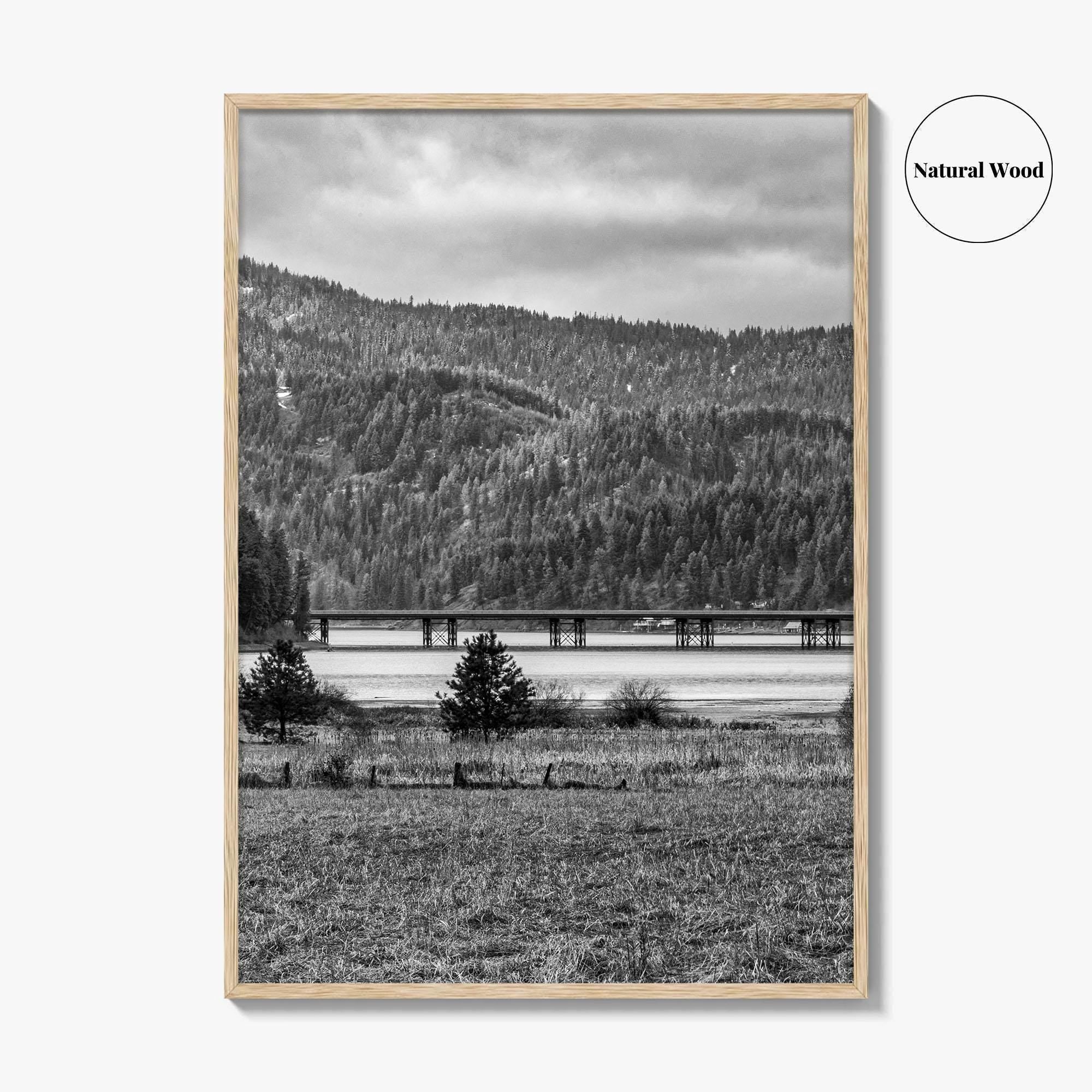 Coeur d'Alene Black and White Fine Art Photo Print, Idaho, Bay Bridge Mountains, USA