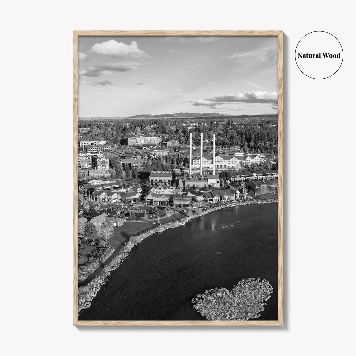 Bend Black and White Fine Art Photo Print, Old Mill District Aerial, Oregon USA