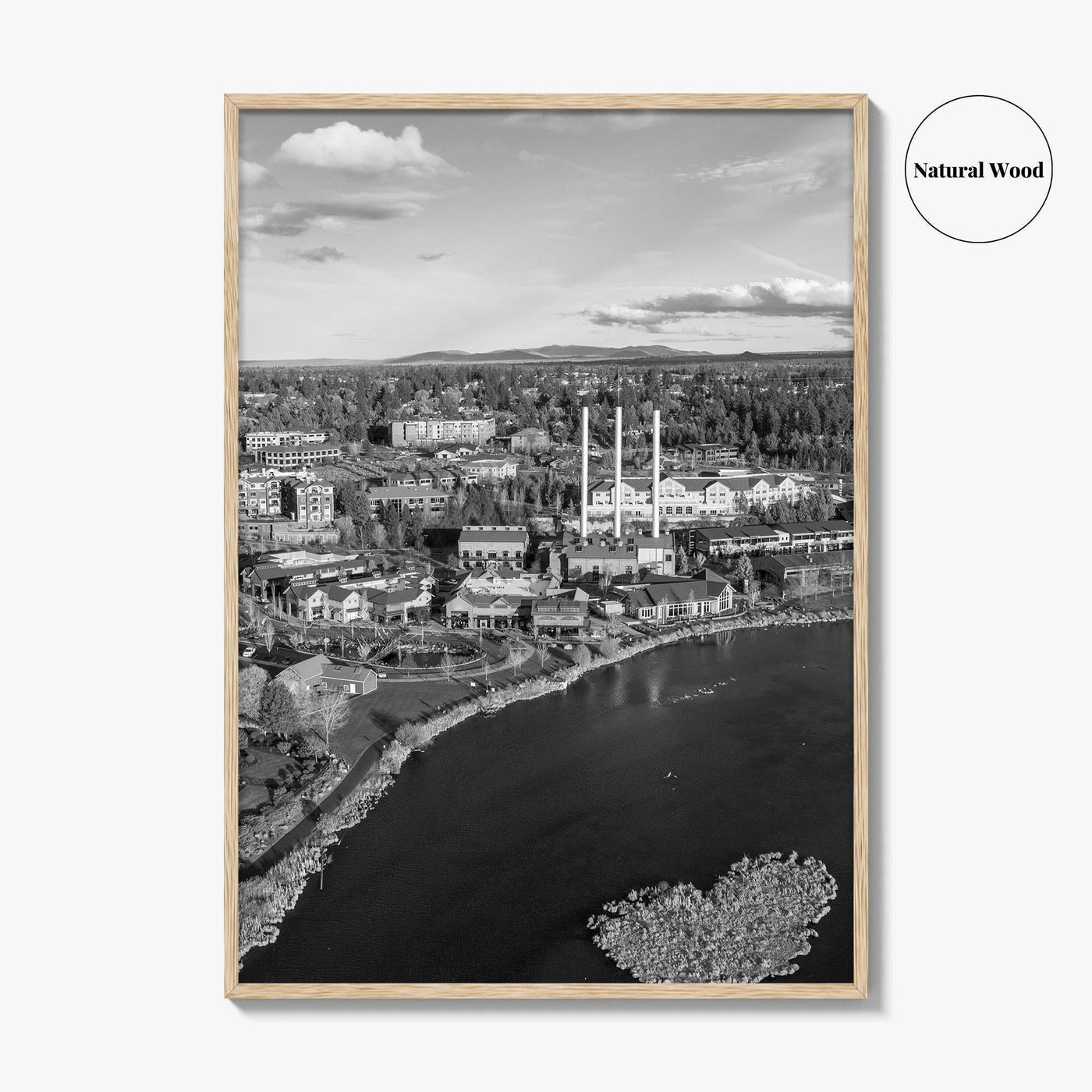 Bend Black and White Fine Art Photo Print, Old Mill District Aerial, Oregon USA