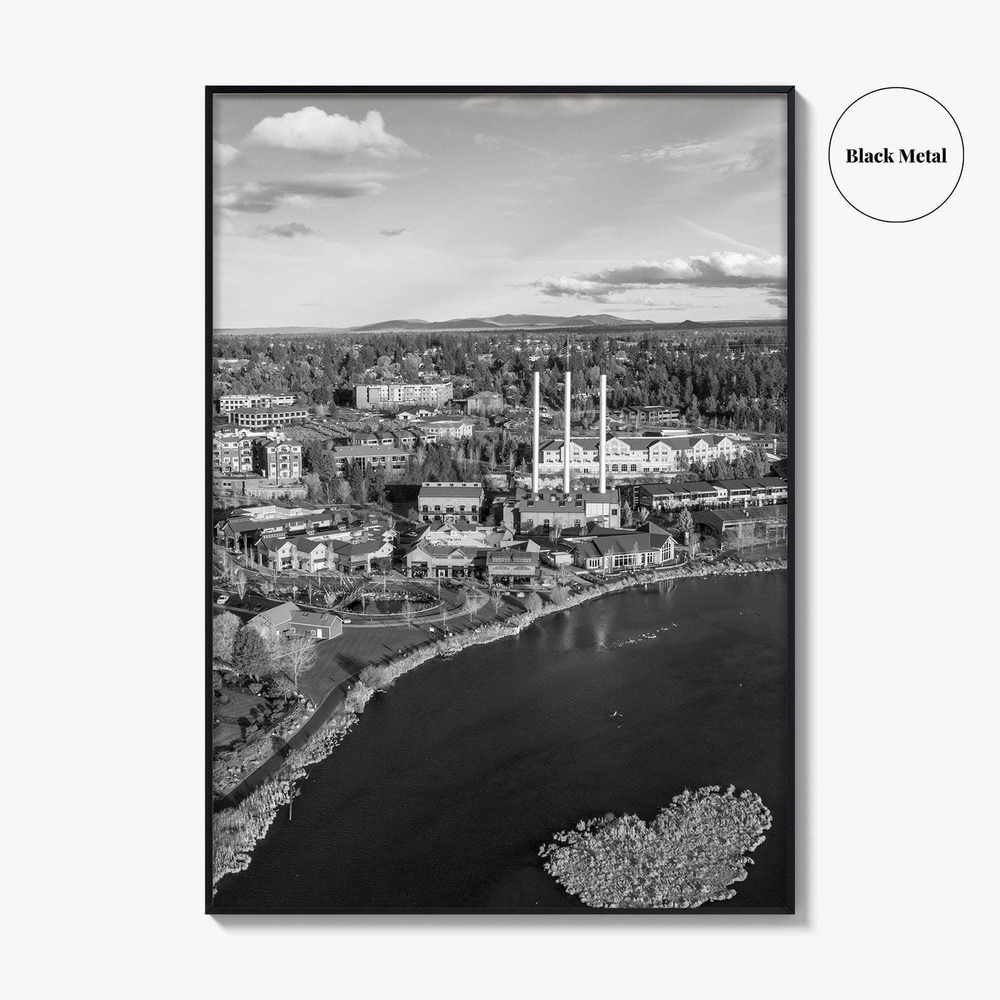 Bend Black and White Fine Art Photo Print, Old Mill District Aerial, Oregon USA