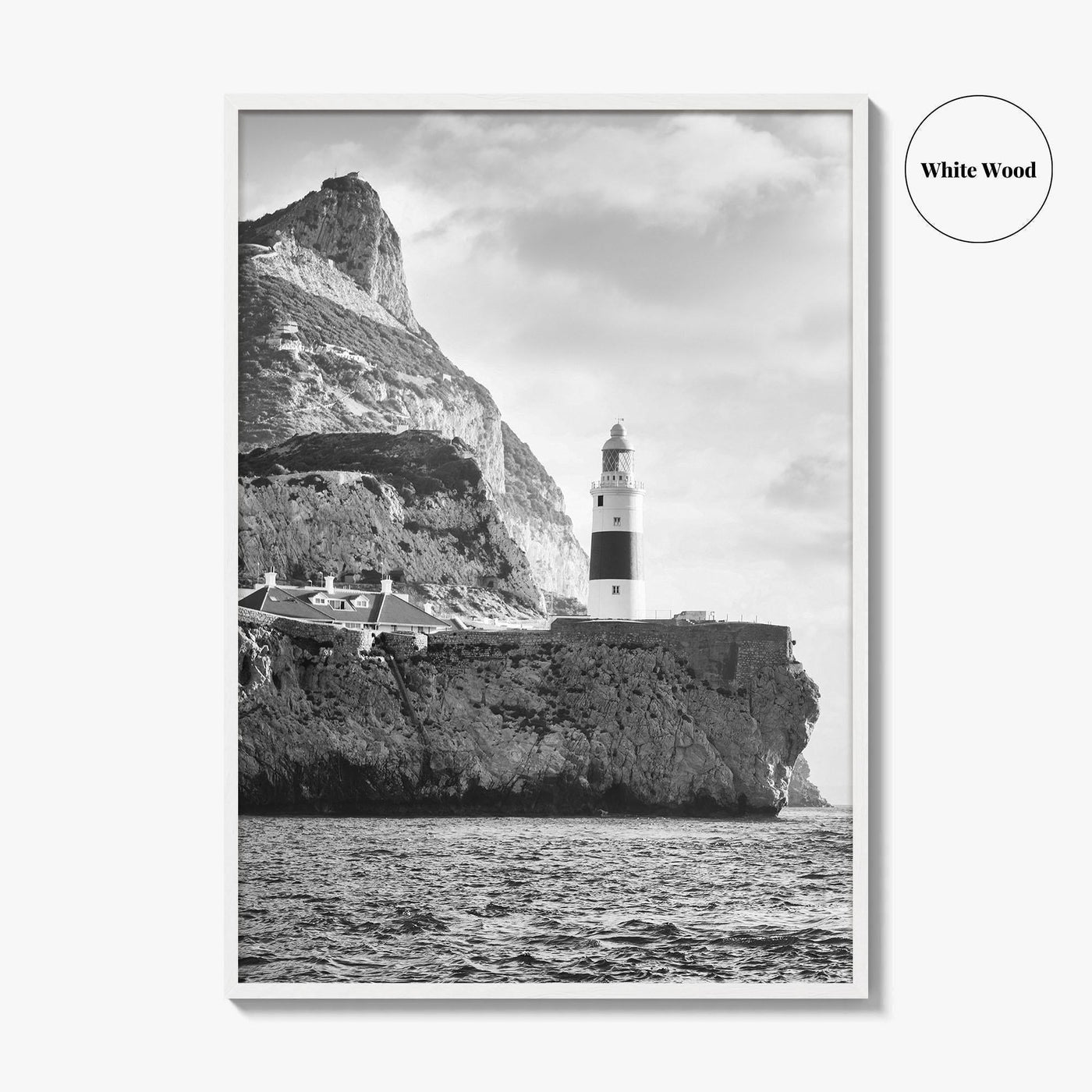 Gibraltar Black and White Fine Art Photo Print, Europa Point Lighthouse, Mediterranean Coast, Poster