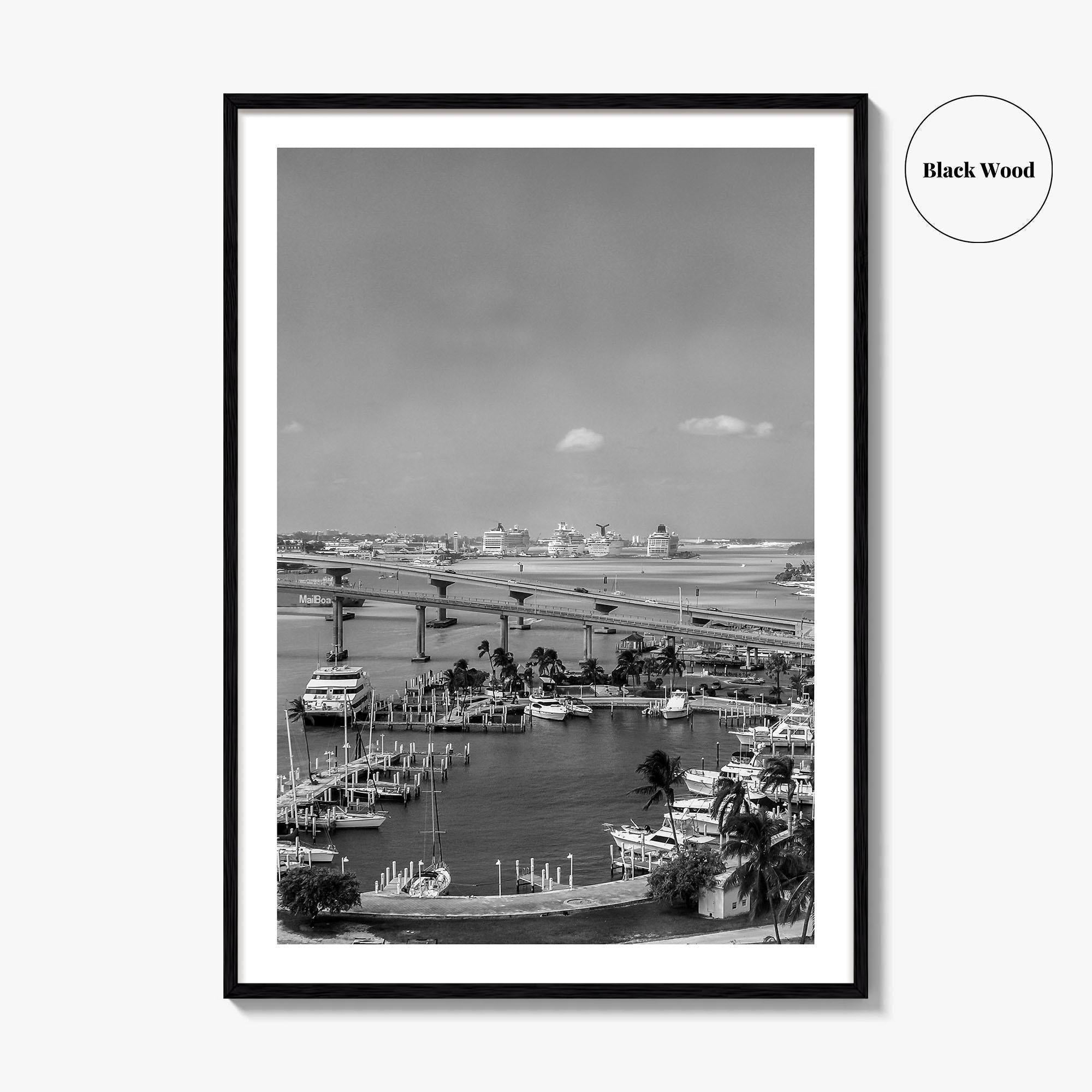 Nassau Black and White Fine Art Photo Print, Bahamas Paradise Island Bridge Boats Poster